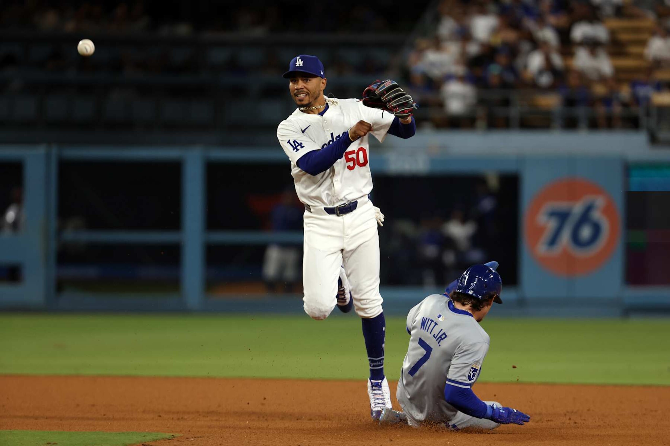 LOS ANGELES, CA - JUNE 15:  Mookie Betts #50 of the Los Angeles Dodgers plays shortstop during the game against the Kansas City Royals at Dodger Stadium on June 15, 2024 in Los Angeles, California. The Royals defeated the Dodgers 7-2. (Photo by Rob Leiter/MLB Photos via Getty Images)