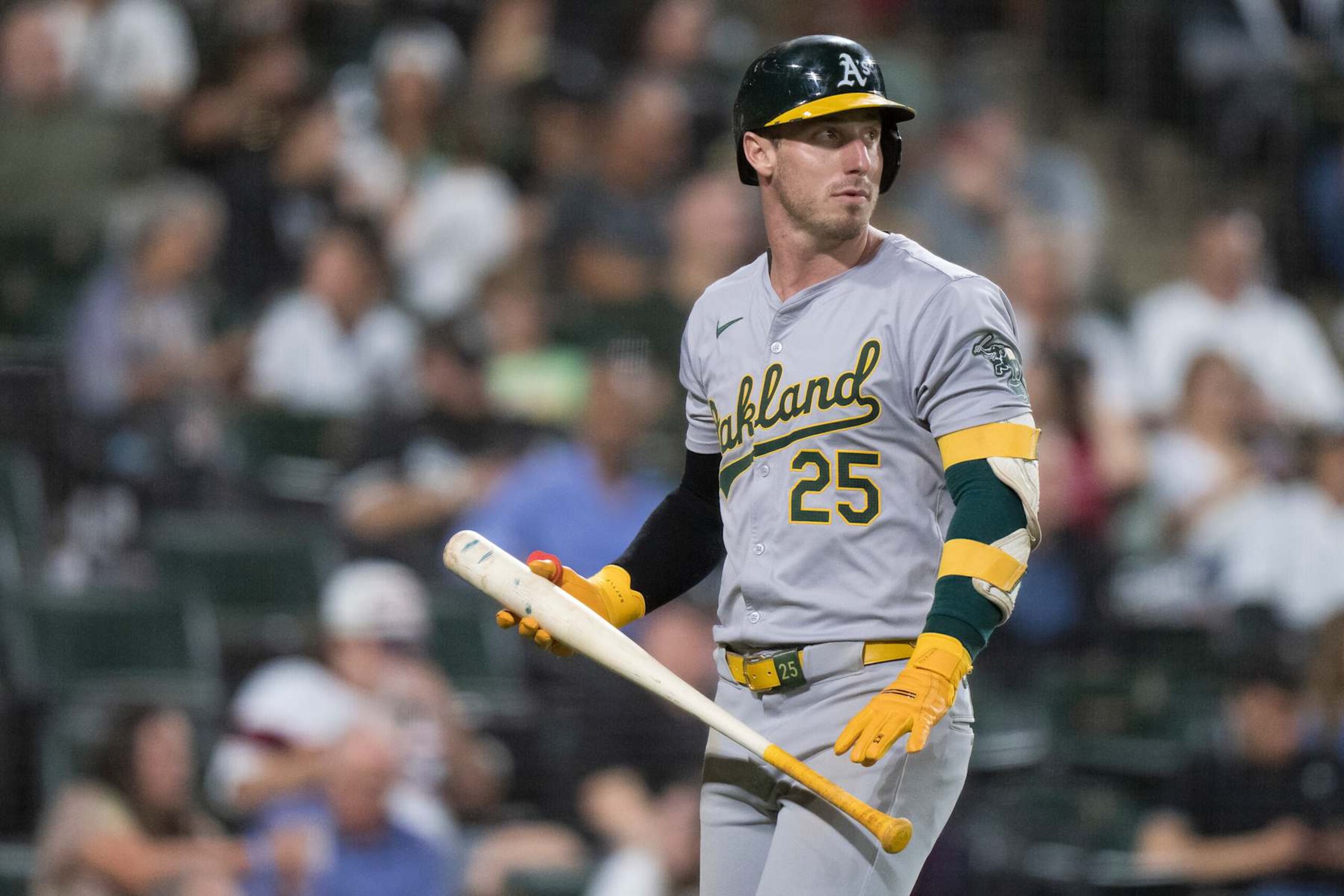 CHICAGO, ILLINOIS - SEPTEMBER 13: Brent Rooker #25 of the Oakland Athletics looks on from the on deck area in a game against the Chicago White Sox at Guaranteed Rate Field on September 13, 2024 in Chicago, Illinois. (Photo by Matt Dirksen/Getty Images)