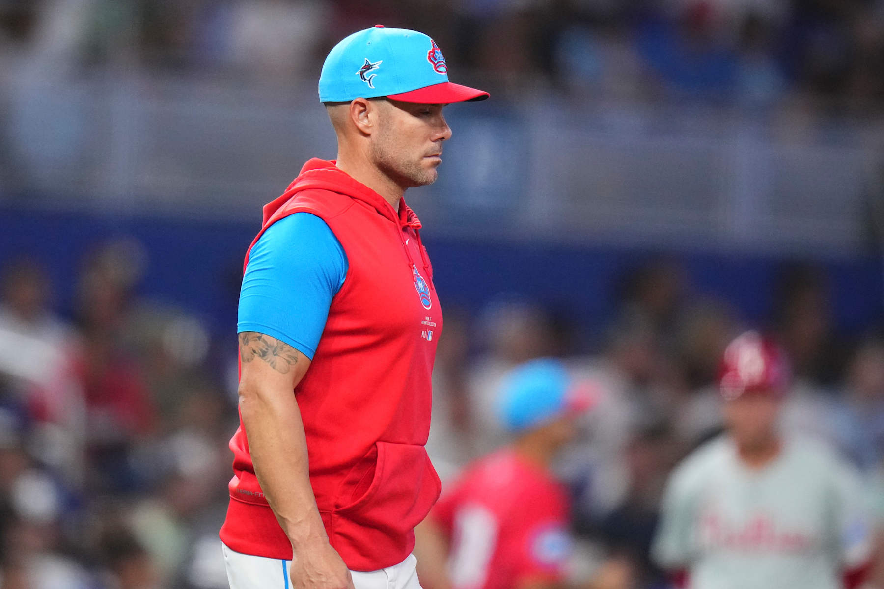 MIAMI, FLORIDA - SEPTEMBER 07: Miami Marlins manager Skip Schumaker looks on during a game against the Philadelphia Phillies at loanDepot park on September 07, 2024 in Miami, Florida. (Photo by Rich Storry/Getty Images)