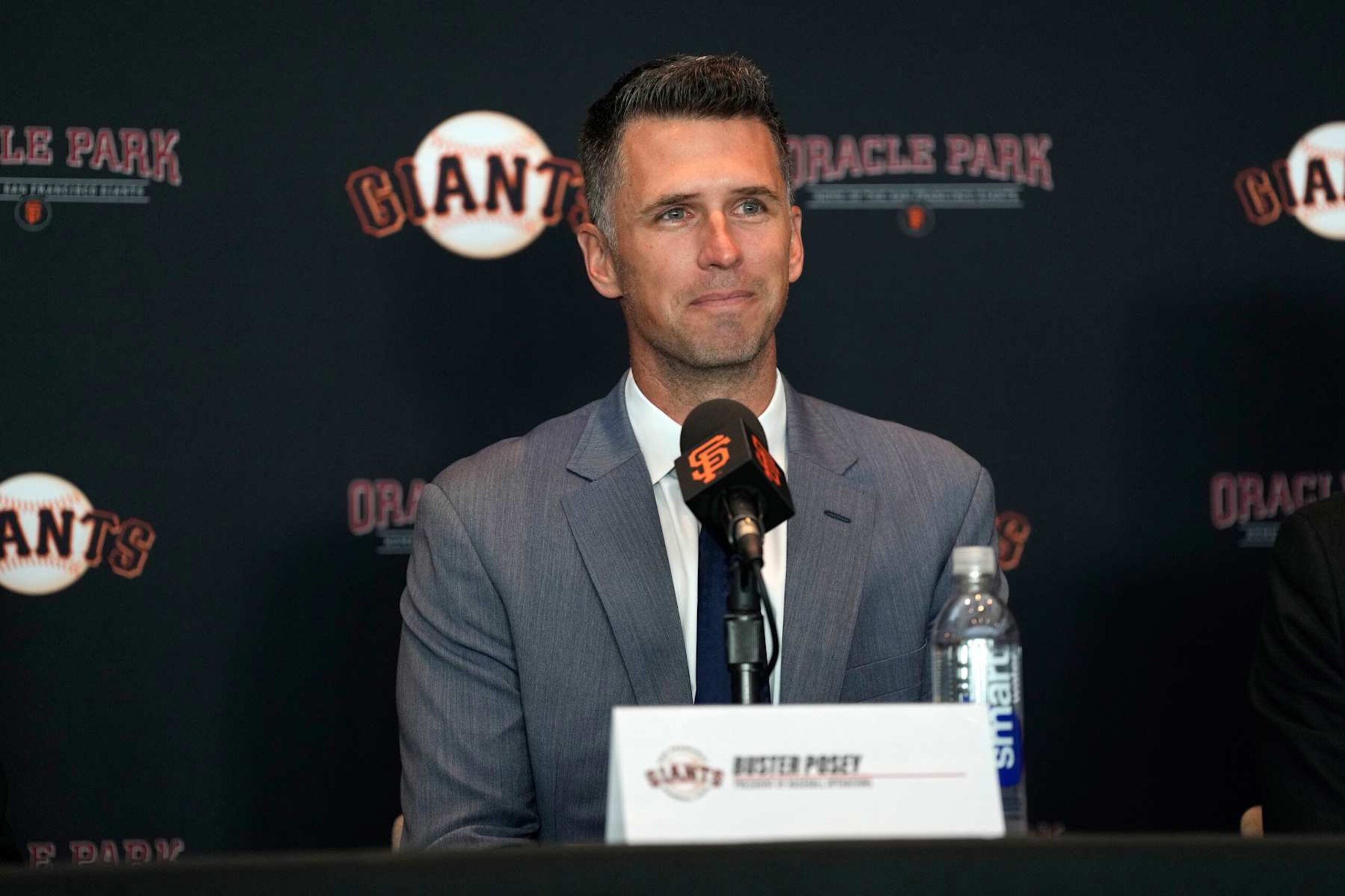 SAN FRANCISCO, CALIFORNIA - OCTOBER 1: Buster Posey speaks during a press conference announcing his new role as President of Baseball Operations of the San Francisco Giants at Oracle Park on October 1, 2024 in San Francisco, California. (Photo by Andy Kuno/San Francisco Giants/Getty Images)