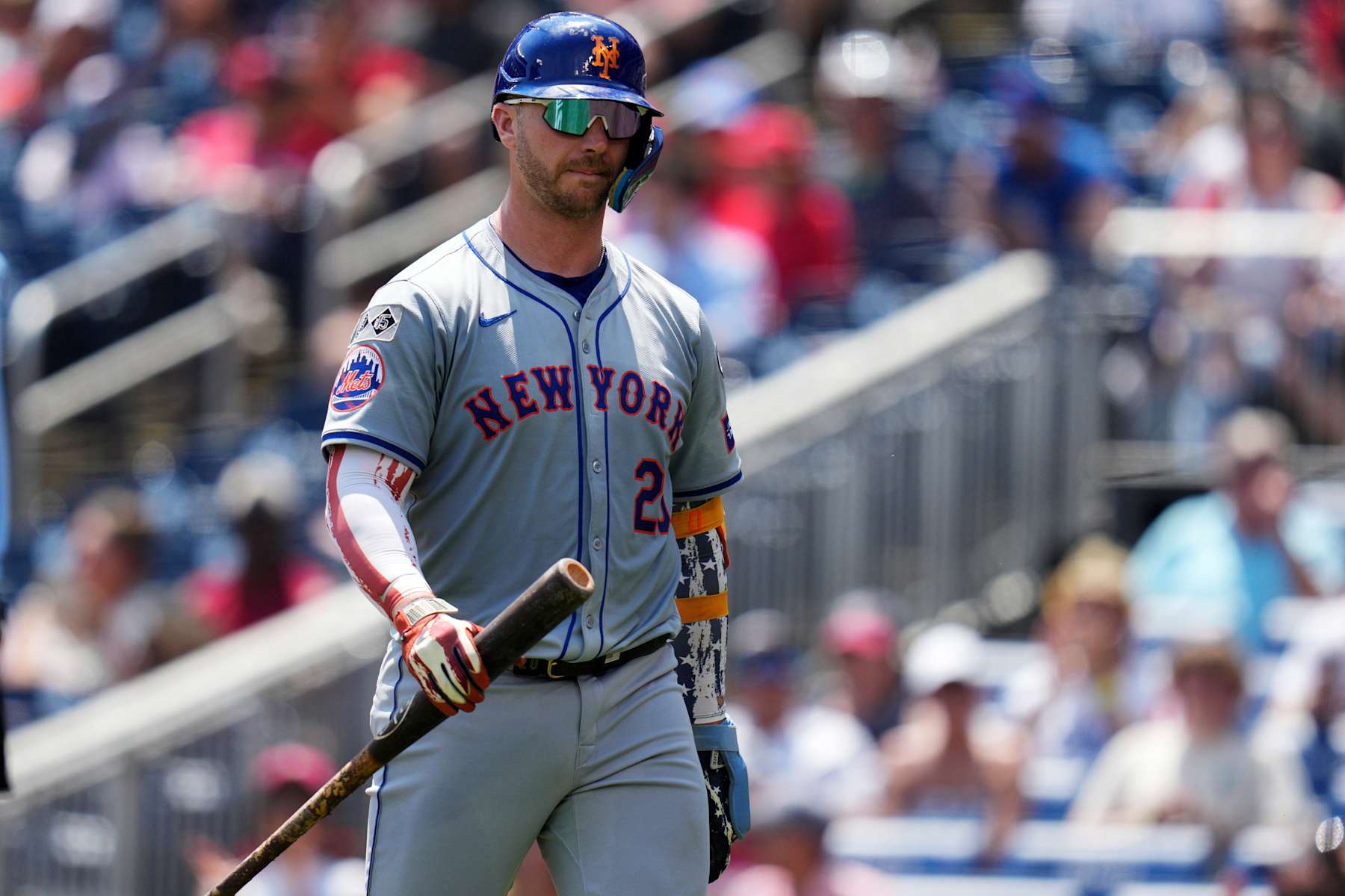 WASHINGTON, DC - JULY 04: Pete Alonso #20 of the New York Mets walks to the dugout after striking out against the Washington Nationals during the fourth inning at Nationals Park on July 04, 2024 in Washington, DC. (Photo by Jess Rapfogel/Getty Images)
