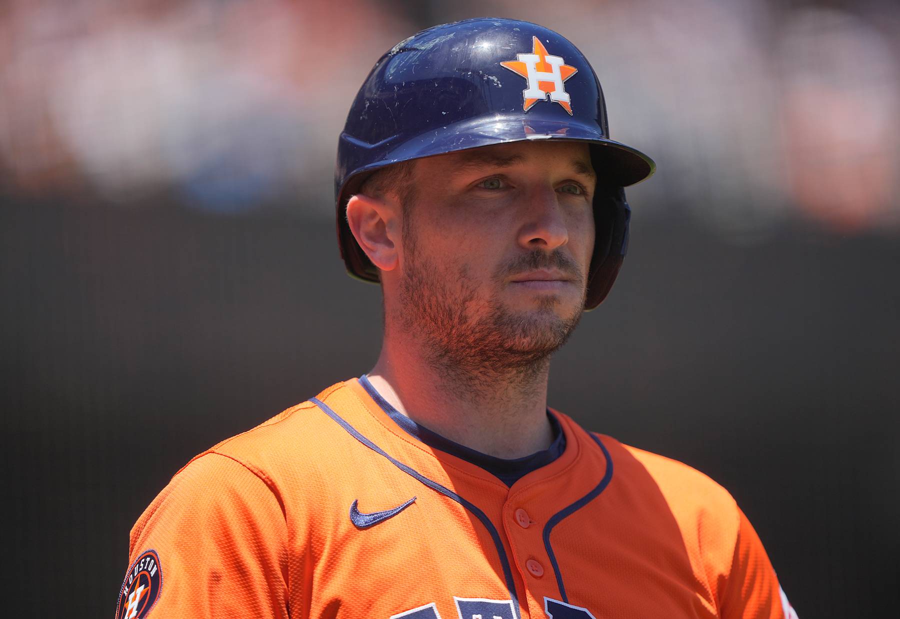 SAN FRANCISCO, CALIFORNIA - JUNE 12: Alex Bregman #2 of the Houston Astros looks on from the on-deck circle against the San Francisco Giants in the top of the third inning at Oracle Park on June 12, 2024 in San Francisco, California. (Photo by Thearon W. Henderson/Getty Images)