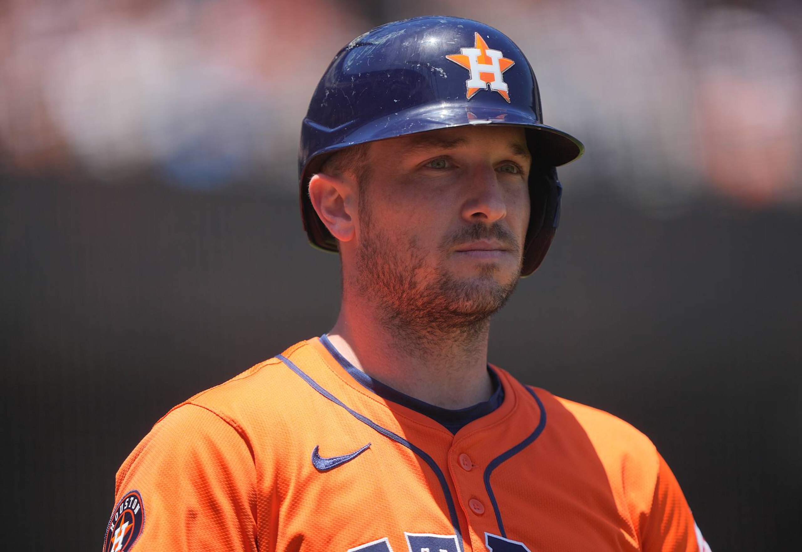 SAN FRANCISCO, CALIFORNIA - JUNE 12: Alex Bregman #2 of the Houston Astros looks on from the on-deck circle against the San Francisco Giants in the top of the third inning at Oracle Park on June 12, 2024 in San Francisco, California. (Photo by Thearon W. Henderson/Getty Images)