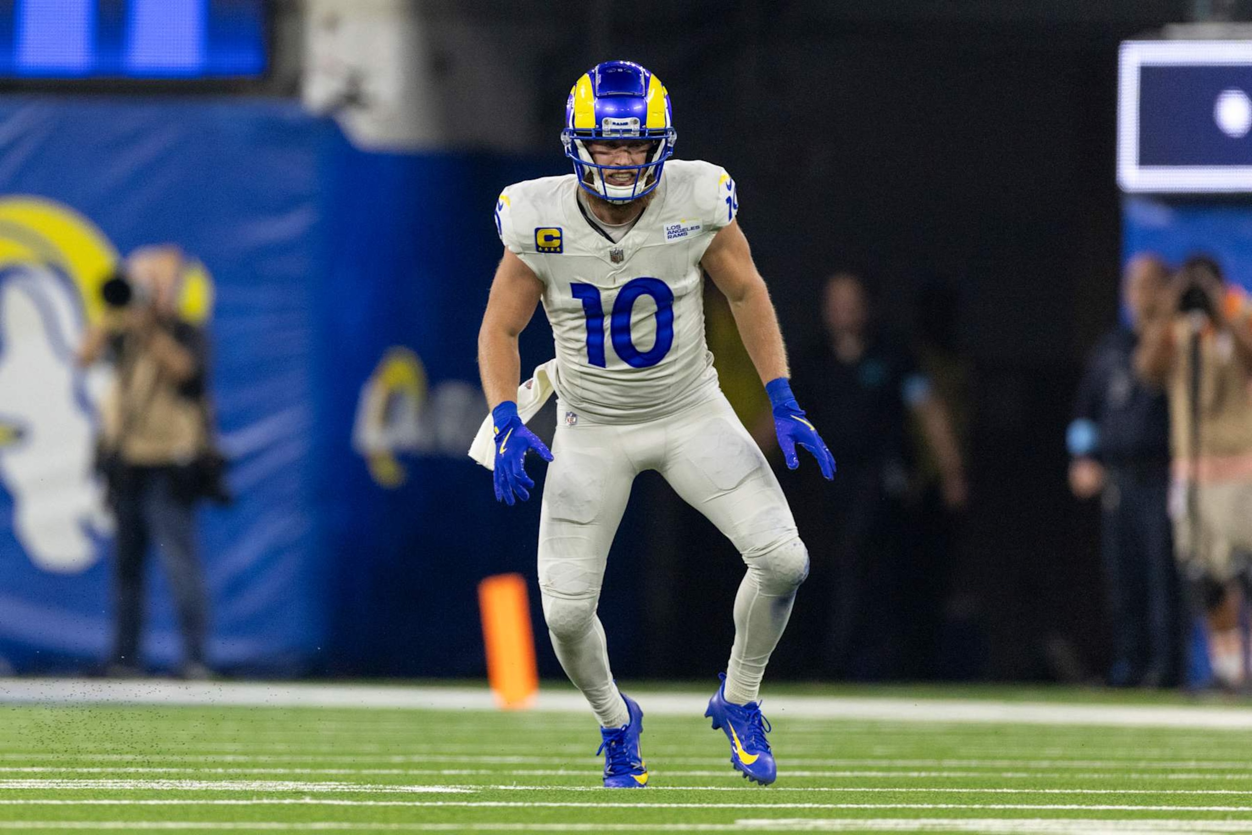 INGLEWOOD, CALIFORNIA - OCTOBER 24: Cooper Kupp #10 of the Los Angeles runs during an NFL Football game against the Minnesota Vikings at SoFi Stadium on October 24, 2024 in Inglewood, California. (Photo by Michael Owens/Getty Images)