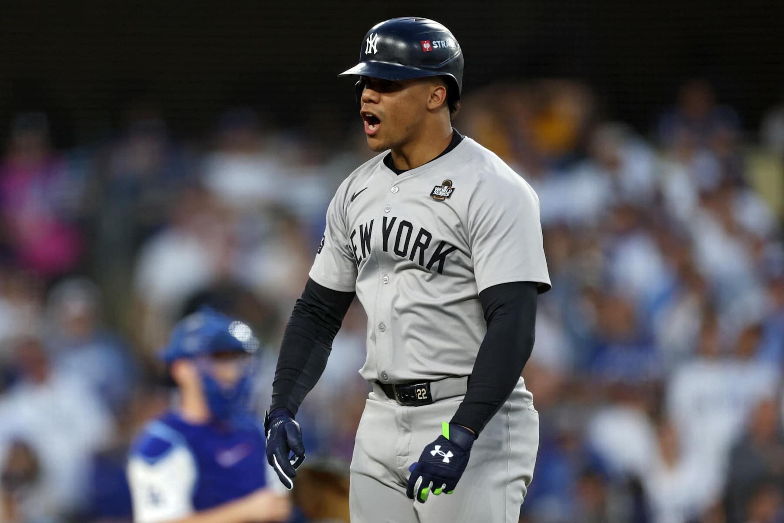 LOS ANGELES, CALIFORNIA - OCTOBER 26: Juan Soto #22 of the New York Yankees celebrates as he runs the bases after hitting a home run against the Los Angeles Dodgers in the third inning during Game Two of the 2024 World Series at Dodger Stadium on October 26, 2024 in Los Angeles, California. (Photo by Harry How/Getty Images) LOS ANGELES, CALIFORNIA - OCTOBER 26: Juan Soto #22 of the New York Yankees celebrates as he runs the bases after hitting a home run against the Los Angeles Dodgers in the third inning during Game Two of the 2024 World Series at Dodger Stadium on October 26, 2024 in Los Angeles, California. (Photo by Harry How/Getty Images)