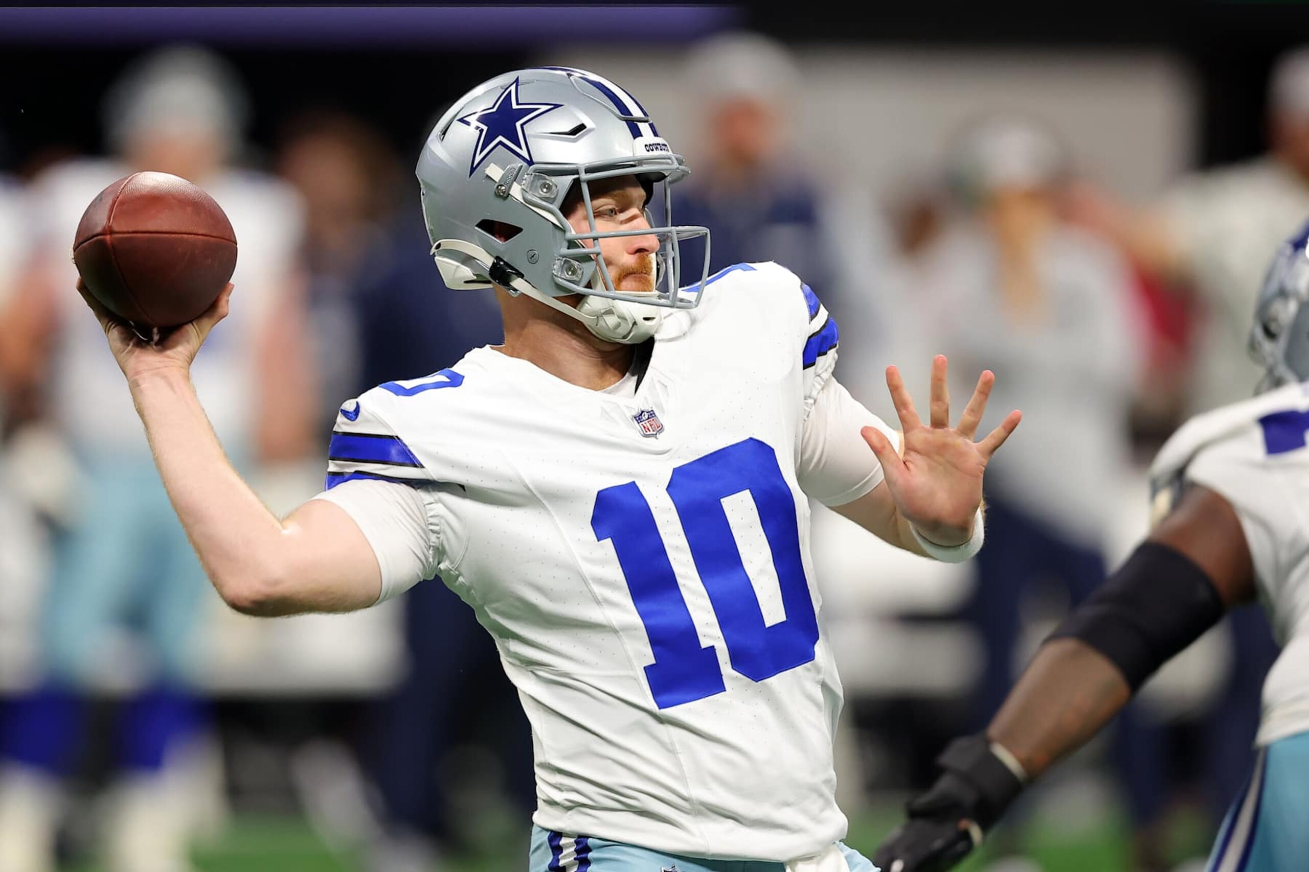 ATLANTA, GEORGIA - NOVEMBER 03: Cooper Rush #10 of the Dallas Cowboys throws a pass during the fourth quarter against the Atlanta Falcons at Mercedes-Benz Stadium on November 03, 2024 in Atlanta, Georgia. (Photo by Kevin C. Cox/Getty Images)
