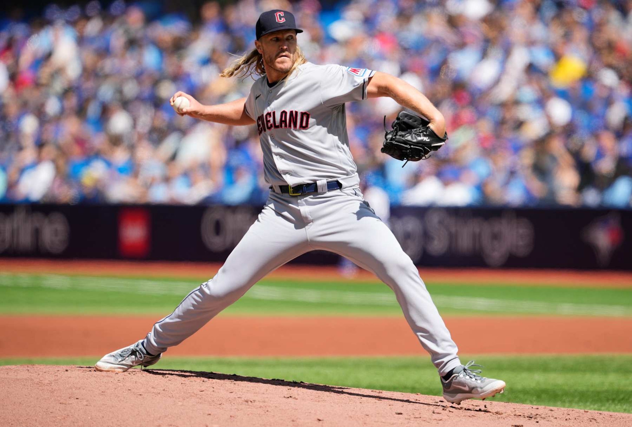TORONTO, ON - AUGUST 27: Noah Syndergaard #34 of the Cleveland Guardians pitches to the Toronto Blue Jays during the first inning in their MLB game at the Rogers Centre on August 27, 2023 in Toronto, Ontario, Canada. (Photo by Mark Blinch/Getty Images)