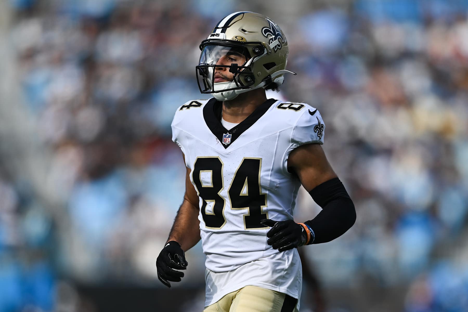 CHARLOTTE, NORTH CAROLINA - NOVEMBER 03: Mason Tipton #84 of the New Orleans Saints looks on during the second quarter of his game against the Carolina Panthers at Bank of America Stadium on November 03, 2024 in Charlotte, North Carolina. (Photo by Matt Kelley/Getty Images) CHARLOTTE, NORTH CAROLINA - NOVEMBER 03: Mason Tipton #84 of the New Orleans Saints looks on during the second quarter of his game against the Carolina Panthers at Bank of America Stadium on November 03, 2024 in Charlotte, North Carolina. (Photo by Matt Kelley/Getty Images)
