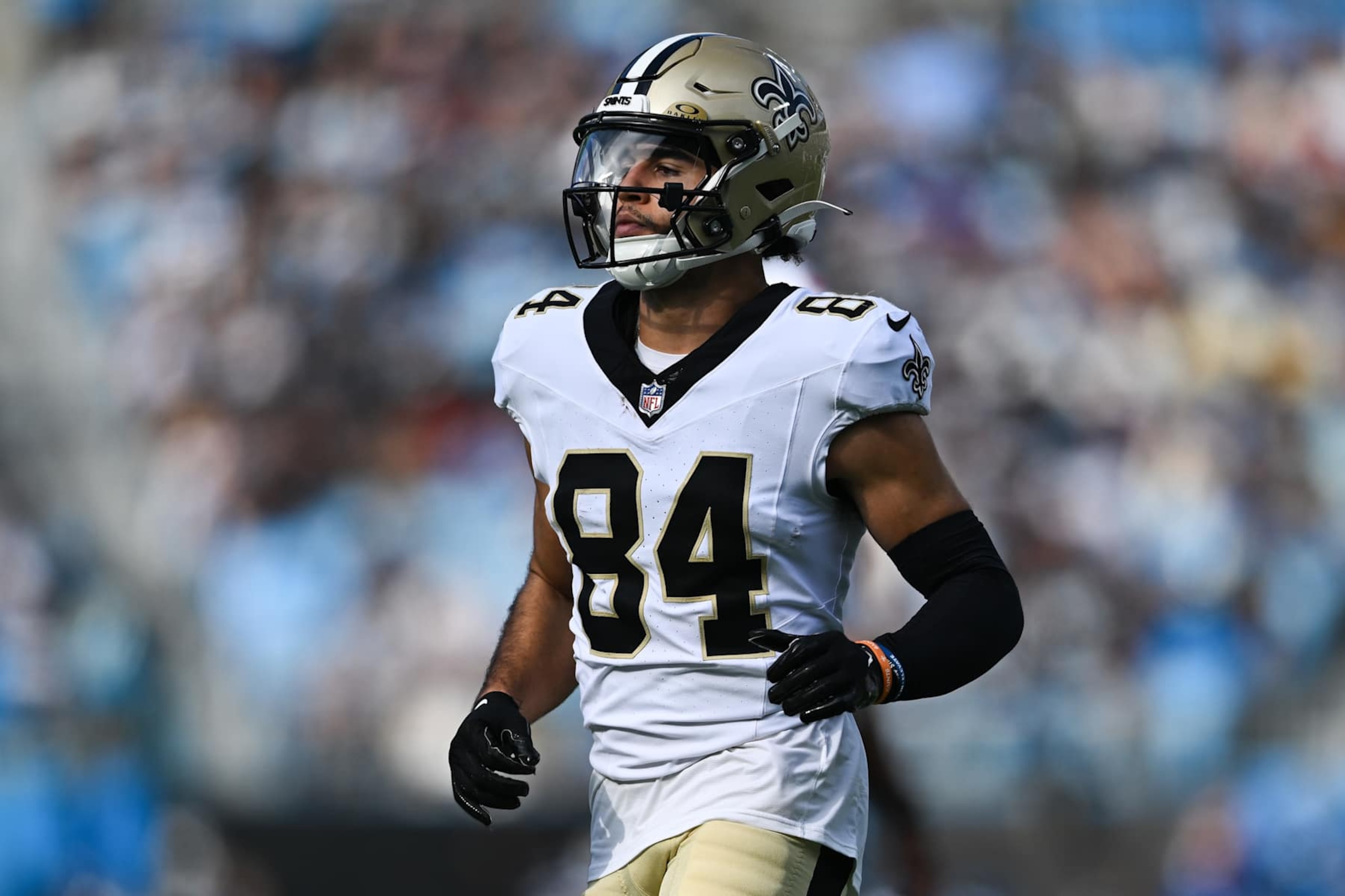 CHARLOTTE, NORTH CAROLINA - NOVEMBER 03: Mason Tipton #84 of the New Orleans Saints looks on during the second quarter of his game against the Carolina Panthers at Bank of America Stadium on November 03, 2024 in Charlotte, North Carolina. (Photo by Matt Kelley/Getty Images)