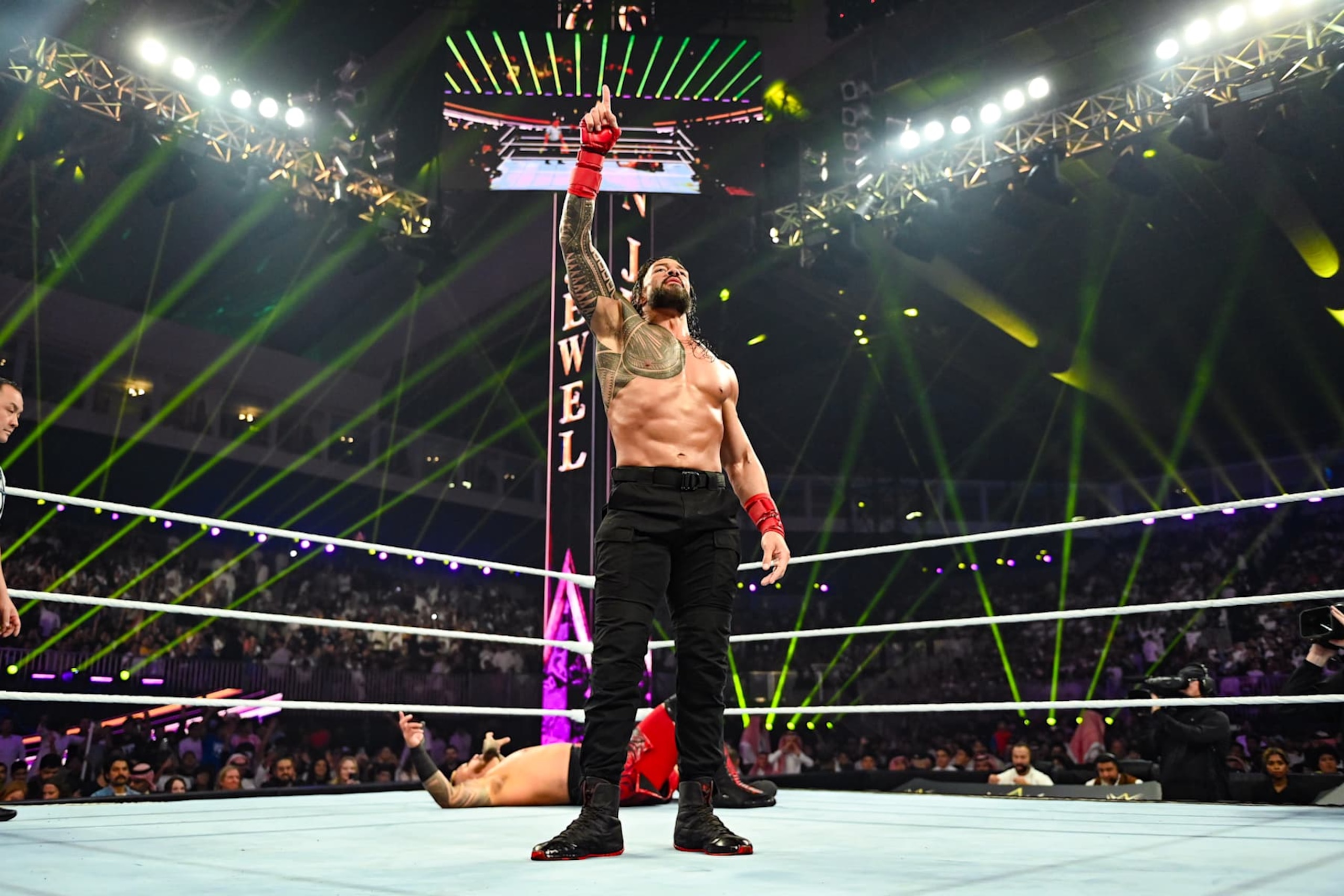 RIYADH, SAUDI ARABIA - NOVEMBER 2: Roman Reigns says he's the one during Crown Jewel at Mohammed Abdo Arena on November 2, 2024 in Riyadh, Saudi Arabia.  (Photo by WWE/Getty Images)
