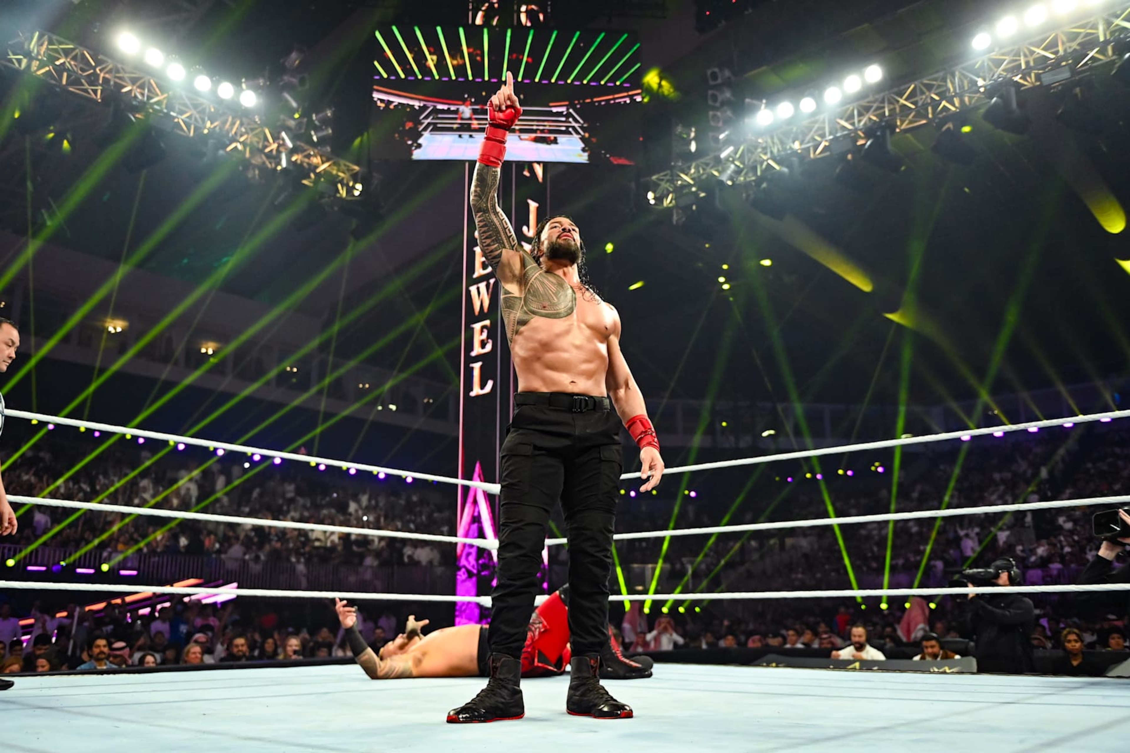 RIYADH, SAUDI ARABIA - NOVEMBER 2: Roman Reigns says he's the one during Crown Jewel at Mohammed Abdo Arena on November 2, 2024 in Riyadh, Saudi Arabia.  (Photo by WWE/Getty Images)