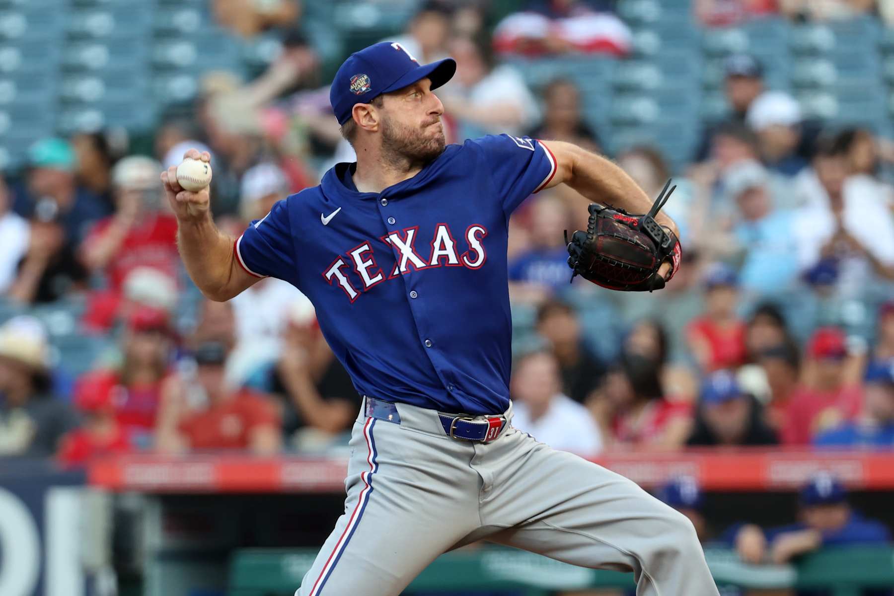 ANAHEIM, CA - JULY 9:  Max Scherzer #31 of the Texas Rangers pitches during the game against the Los Angeles Angels at Angel Stadium of Anaheim on July 9, 2024 in Anaheim, California. The Rangers defeated the Angels 9-2.  (Photo by Rob Leiter/MLB Photos via Getty Images)