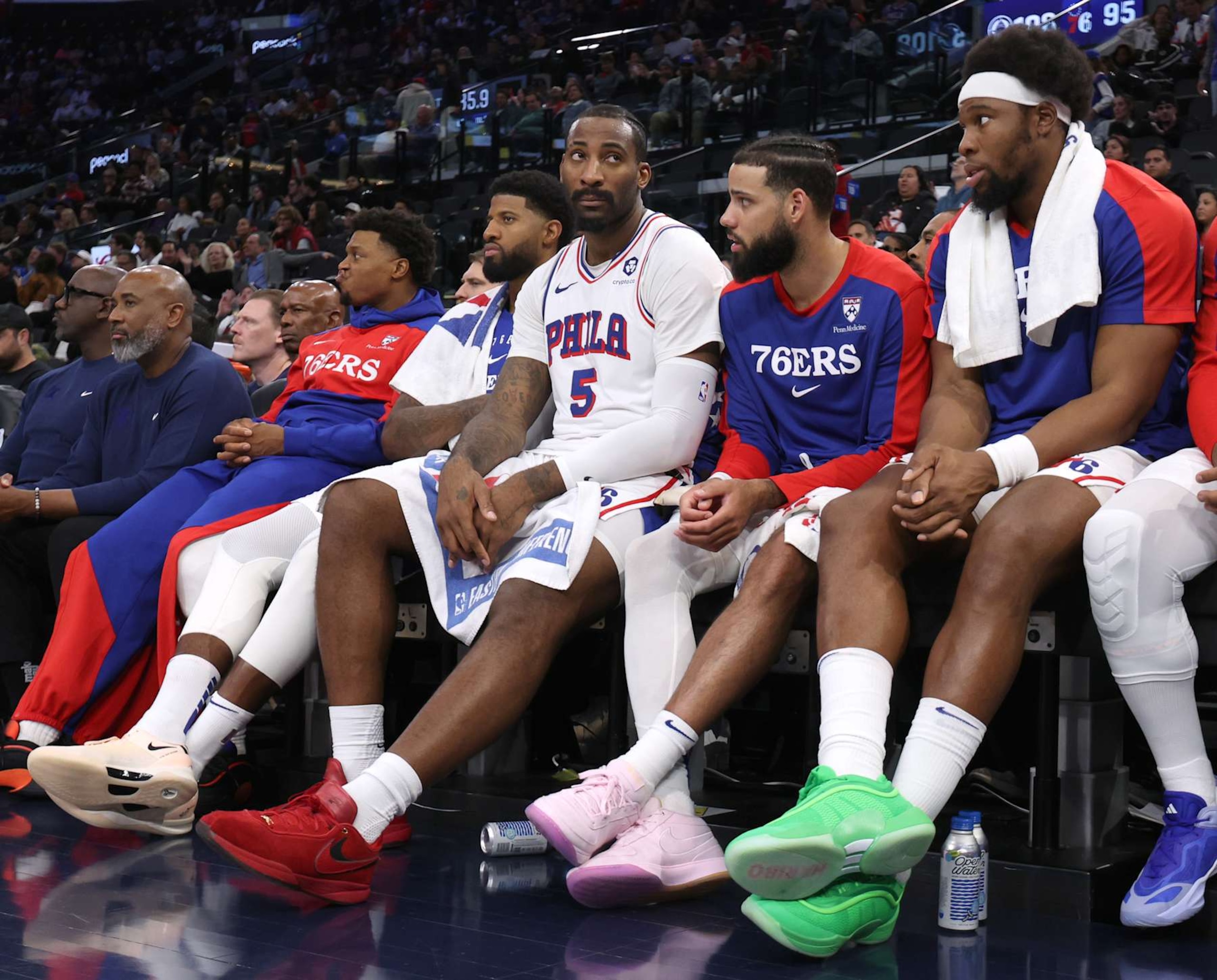 INGLEWOOD, CALIFORNIA - NOVEMBER 06: (R-L) Guerschon Yabusele #28, Caleb Martin #16, Andre Drummond #5, Paul George #8 and Kyle Lowry #7 of the Philadelphia 76ers watch play from the bench during a 110-98 LA Clippers win at Intuit Dome on November 06, 2024 in Inglewood, California. (Photo by Harry How/Getty Images) NOTE TO USER: User expressly acknowledges and agrees that, by downloading and/or using this Photograph, user is consenting to the terms and conditions of the Getty Images License Agreement.  (Photo by Harry How/Getty Images)