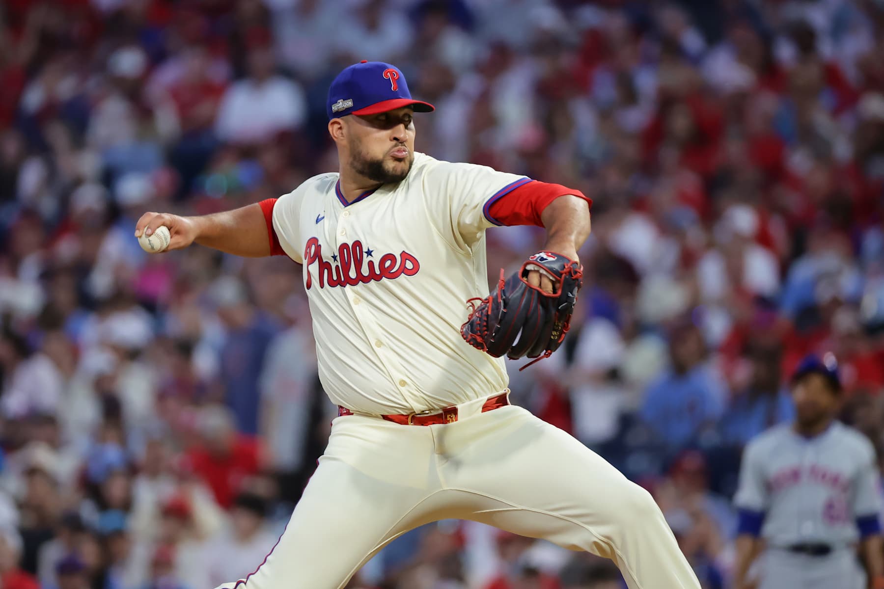 PHILADELPHIA, PENNSYLVANIA - OCTOBER 06: Carlos Estévez #53 of the Philadelphia Phillies throws during the eighth inning against the New York Mets in Game Two of the Division Series at Citizens Bank Park on October 06, 2024 in Philadelphia, Pennsylvania. (Photo by Hunter Martin/Getty Images)