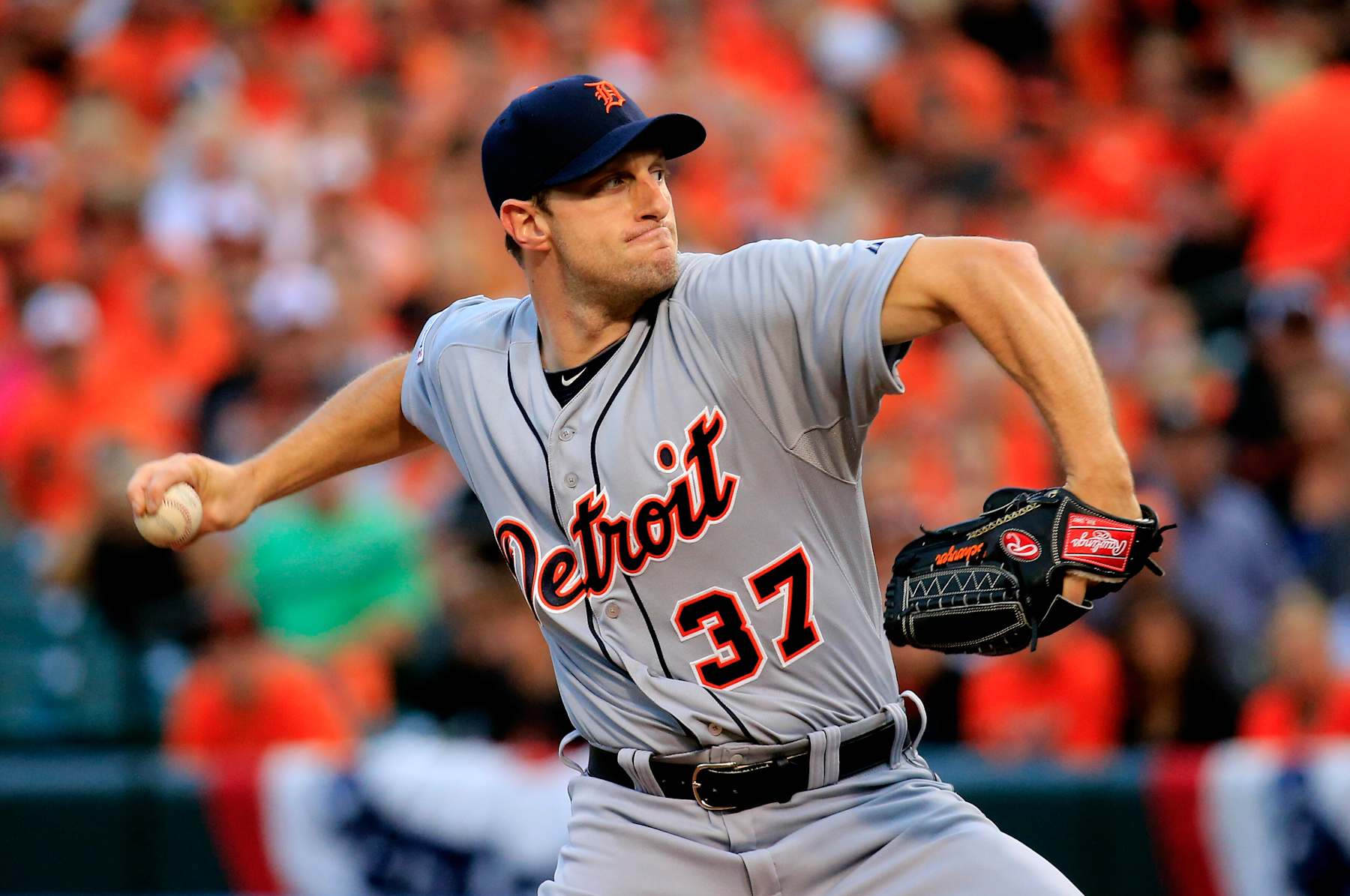 BALTIMORE, MD - OCTOBER 02:  Max Scherzer #37 of the Detroit Tigers throws a pitch in the first inning against the Baltimore Orioles during Game One of the American League Division Series at Oriole Park at Camden Yards on October 2, 2014 in Baltimore, Maryland.  (Photo by Rob Carr/Getty Images)