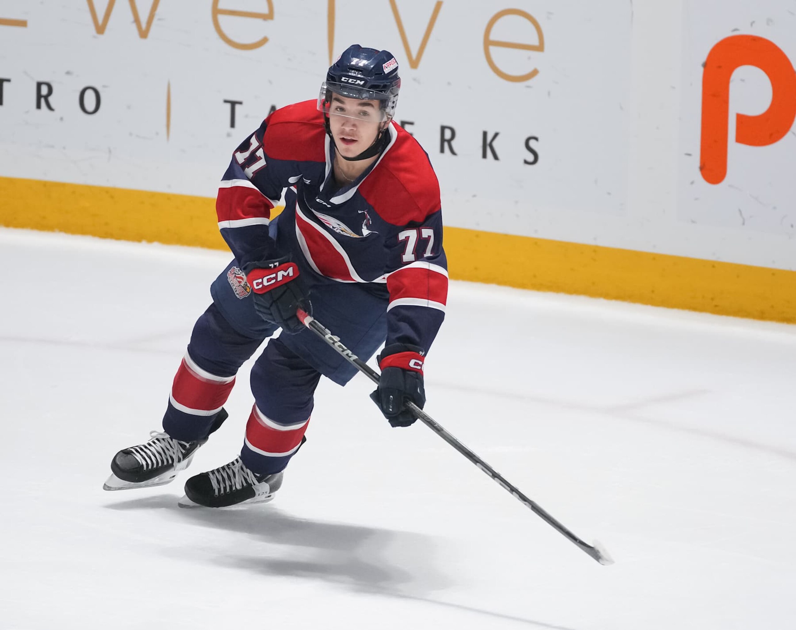 OSHAWA, CANADA - OCTOBER 20: Michael Misa #77 of the Saginaw Spirit skates against the Oshawa Generals in the first period at Tribute Communities Centre on October 20, 2024 in Oshawa, Ontario, Canada. (Photo by Chris Tanouye/Getty Images)