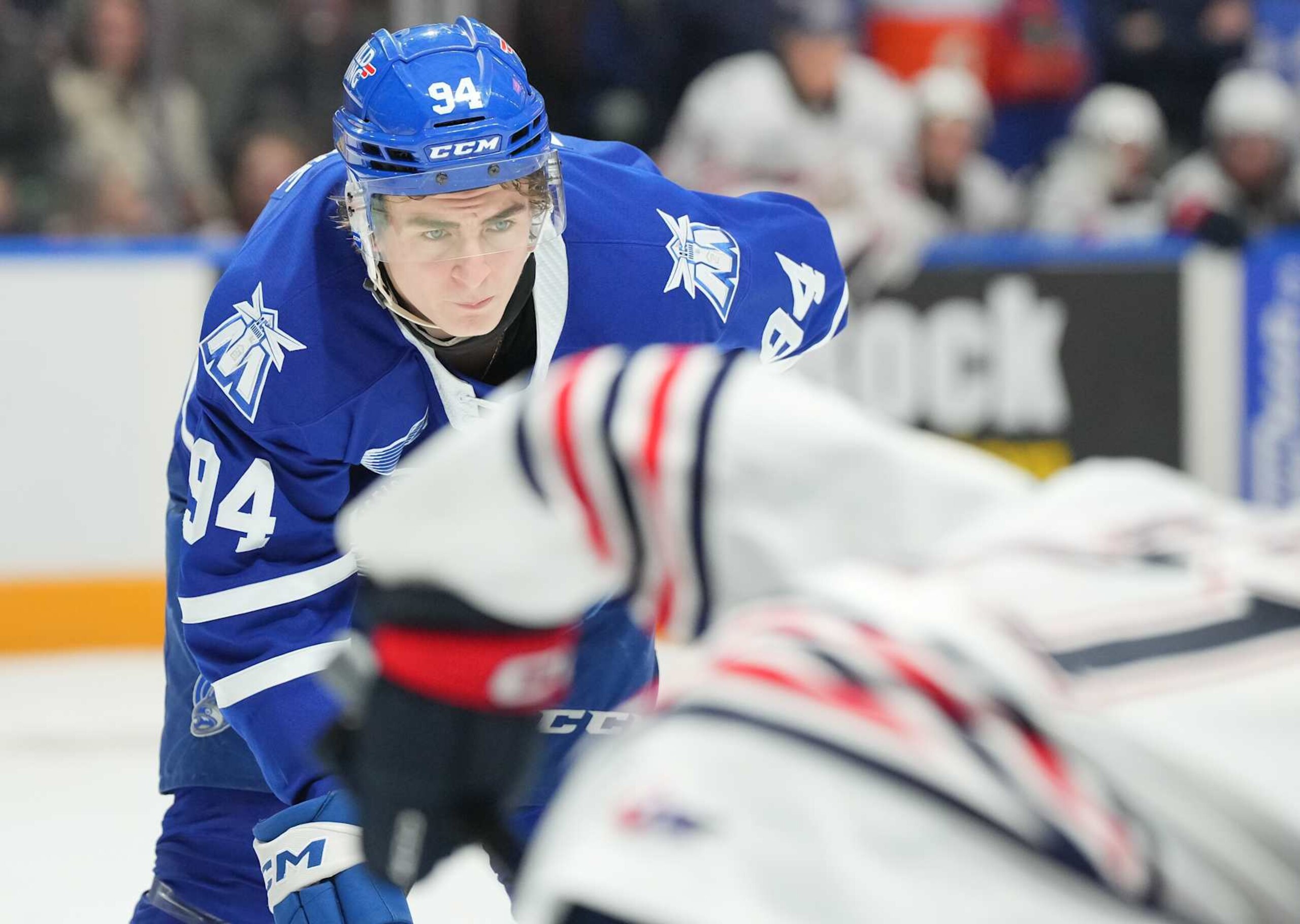 OSHAWA, CANADA - DECEMBER 13: Porter Martone #94 of the Mississauga Steelheads skates against the Oshawa Generals at Tribute Communities Centre on December 13, 2023 in Oshawa, Ontario, Canada. (Photo by Chris Tanouye/Getty Images)