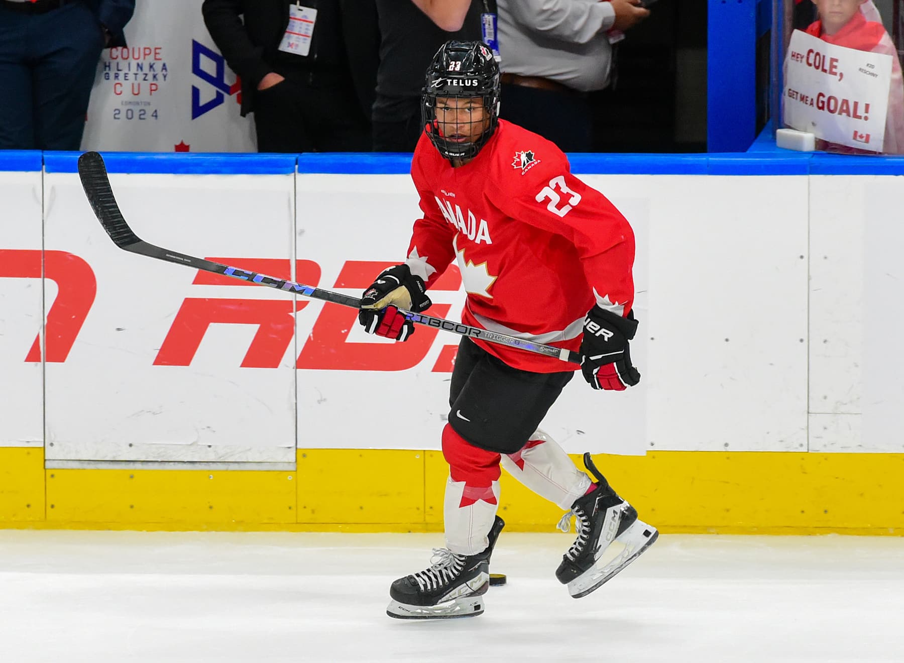 EDMONTON, CANADA  AUGUST 10: Cameron Schmidt #23 of Team Canada warms up before the Gold Medal Game of the 2024 Hlinka Gretzky Cup against Team Czechia at Rogers Place on August 10, 2024, in Edmonton, Alberta, Canada. (Photo by Leila Devlin/Getty Images)