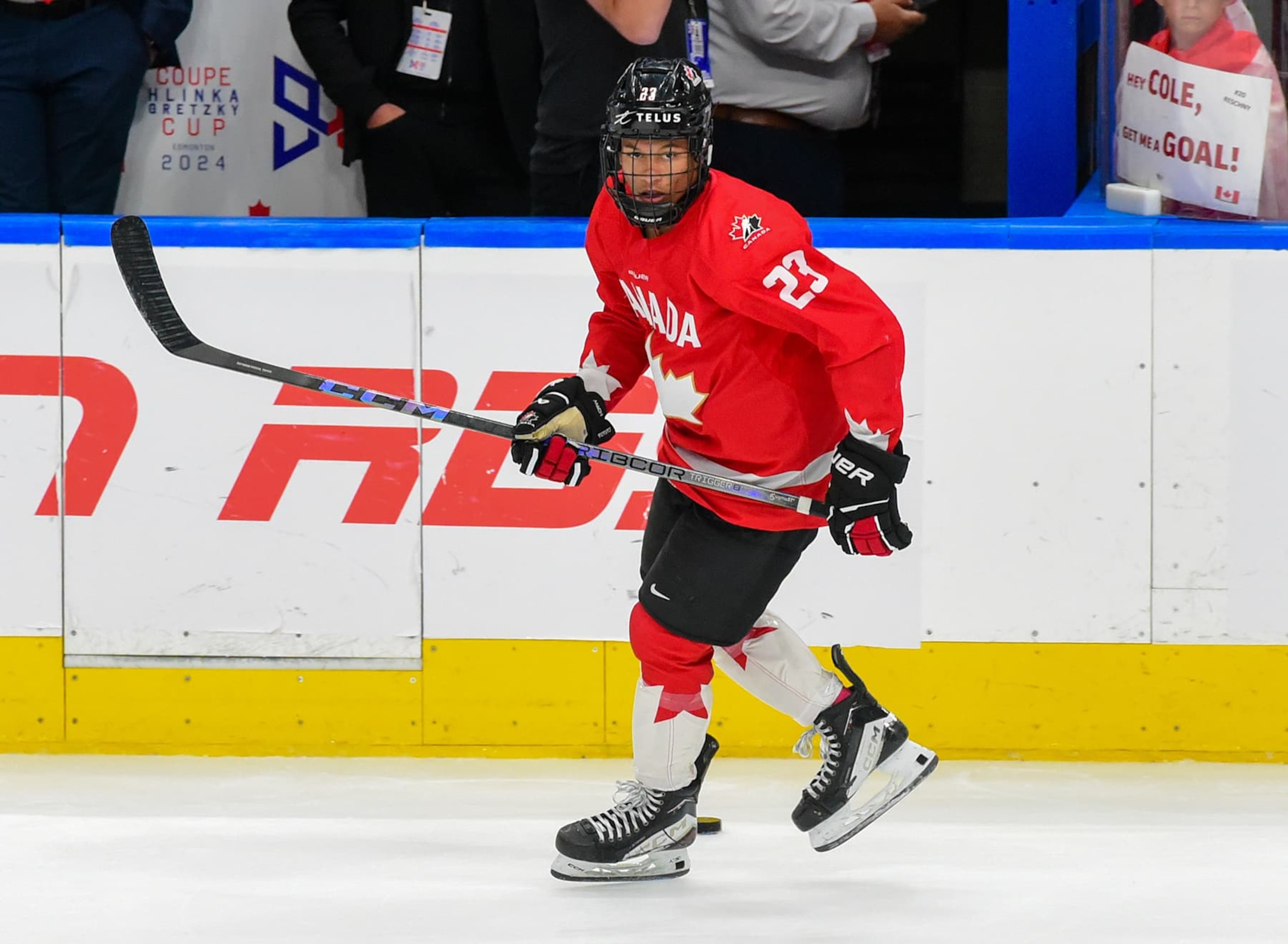 EDMONTON, CANADA  AUGUST 10: Cameron Schmidt #23 of Team Canada warms up before the Gold Medal Game of the 2024 Hlinka Gretzky Cup against Team Czechia at Rogers Place on August 10, 2024, in Edmonton, Alberta, Canada. (Photo by Leila Devlin/Getty Images)