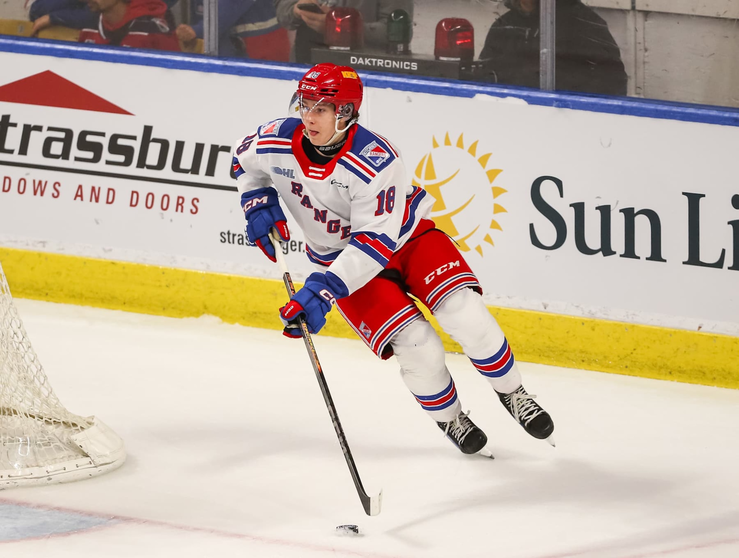 KITCHENER, CANADA - SEPTEMBER 29: Cameron Reid #18 of the Kitchener Rangers skates against the Saginaw Spirit at Kitchener Memorial Auditorium on September 29, 2023 in Kitchener, Ontario, Canada. (Photo by Chris Tanouye/Getty Images)