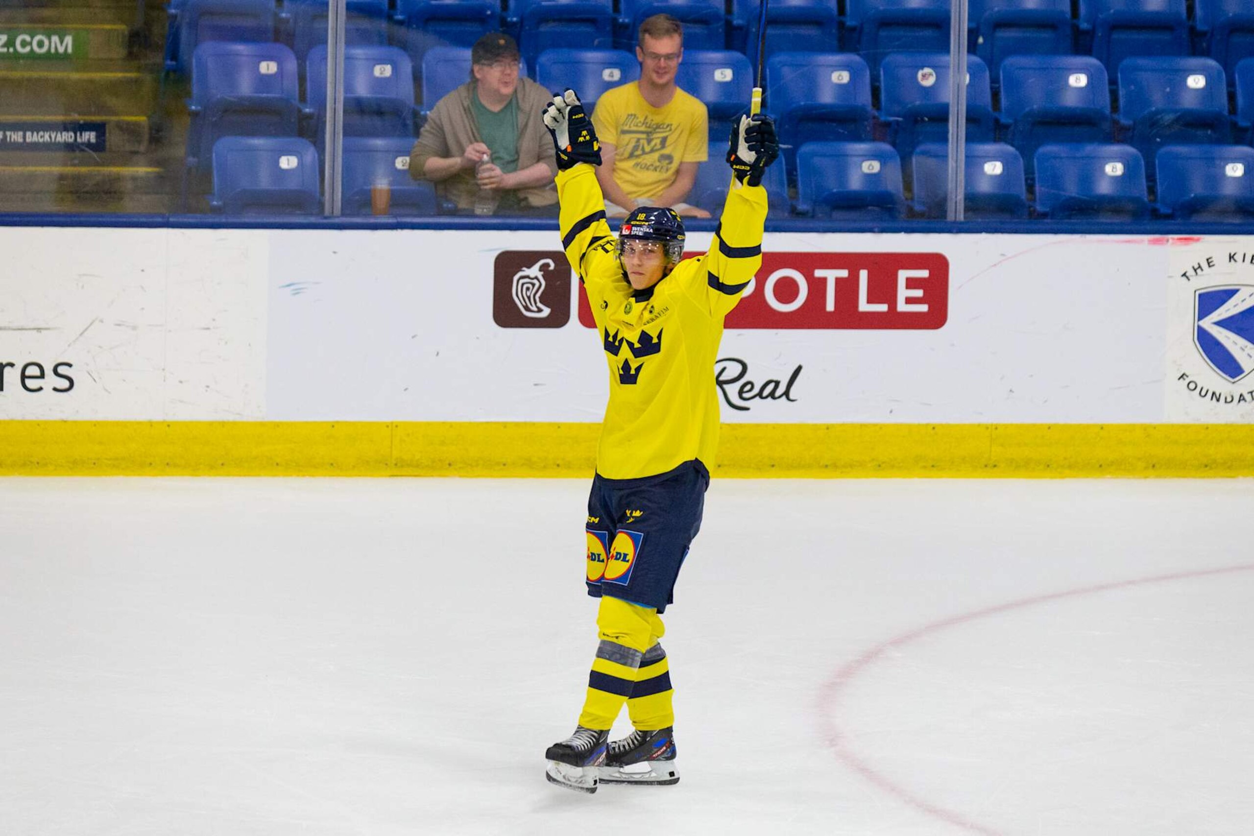 PLYMOUTH, MI - AUGUST 3: Victor Eklund #18 of Team Sweden celebrates his goal during the 2024 World Junior Summer Showcase between Finland and Sweden at USA Hockey Arena on August 3, 2024 in Plymouth, Michigan. (Photo by Michael Miller/ISI Photos/Getty Images)
