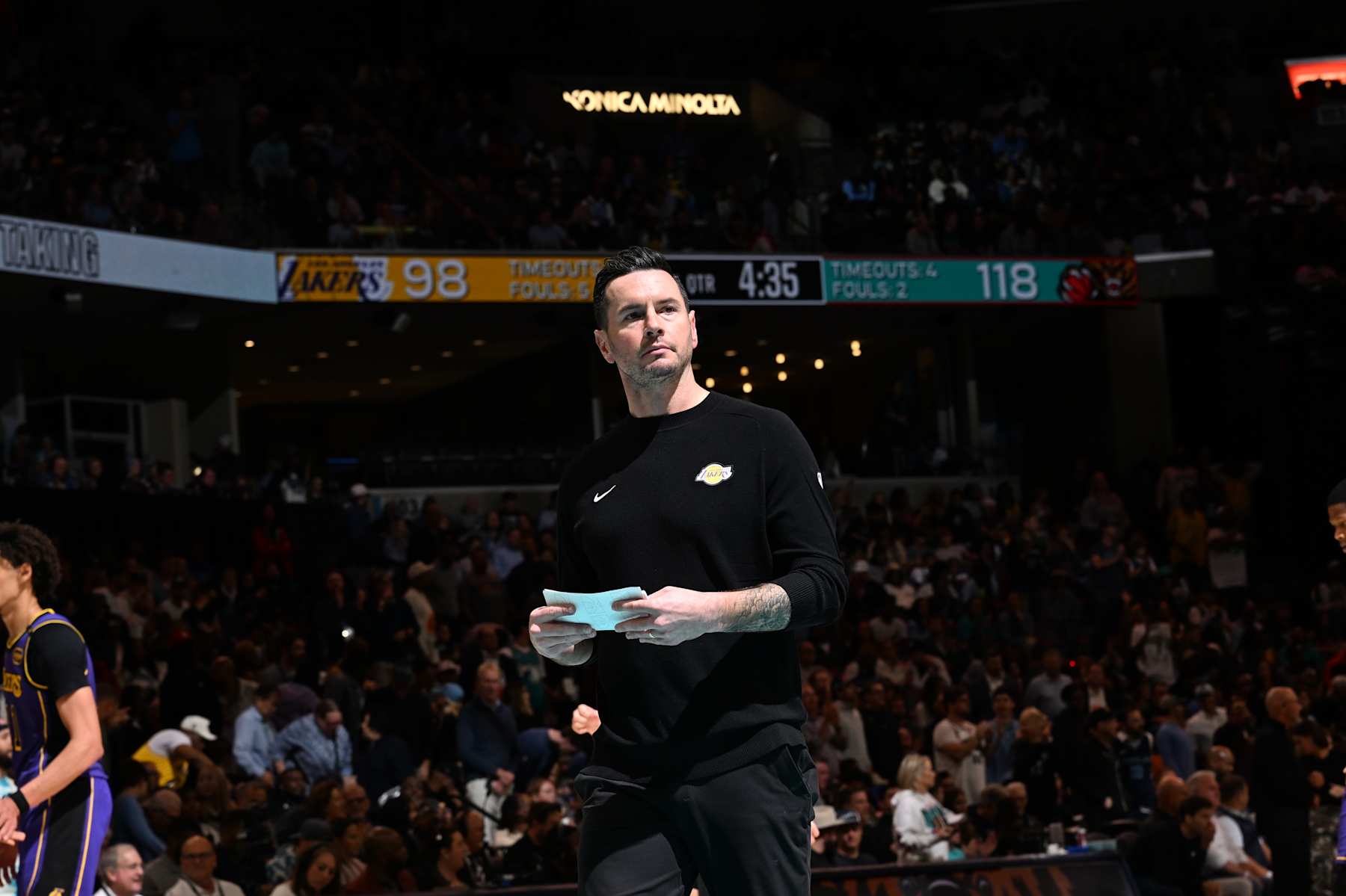 MEMPHIS, TN - NOVEMBER 6: Head Coach JJ Redick of the Los Angeles Lakers looks on during the game against the Memphis Grizzlies on November 6, 2024 at FedExForum in Memphis, Tennessee. NOTE TO USER: User expressly acknowledges and agrees that, by downloading and or using this photograph, User is consenting to the terms and conditions of the Getty Images License Agreement. Mandatory Copyright Notice: Copyright 2024 NBAE (Photo by Grant Burke/NBAE via Getty Images)