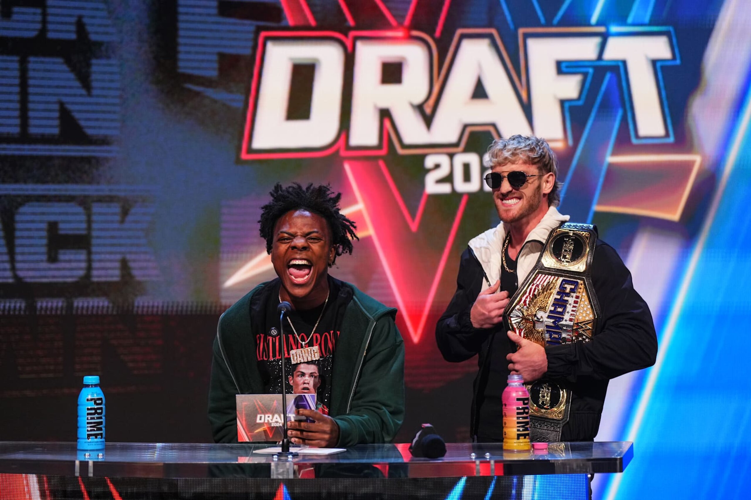 KANSAS CITY, MISSOURI - APRIL 29: IShowSpeed and Logan Paul announce the Round two Draft picks at T-Mobile Center on April 29, 2024 in Kansas City, Missouri.  (Photo by WWE/Getty Images)