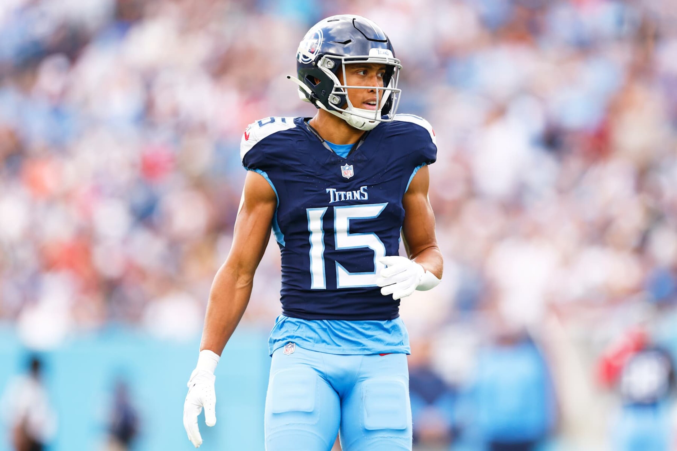 NASHVILLE, TENNESSEE - NOVEMBER 03: Nick Westbrook-Ikhine #15 of the Tennessee Titans looks on during the first half of the game between the Tennessee Titans and the New England Patriots at Nissan Stadium on November 03, 2024 in Nashville, Tennessee. (Photo by Johnnie Izquierdo/Getty Images)