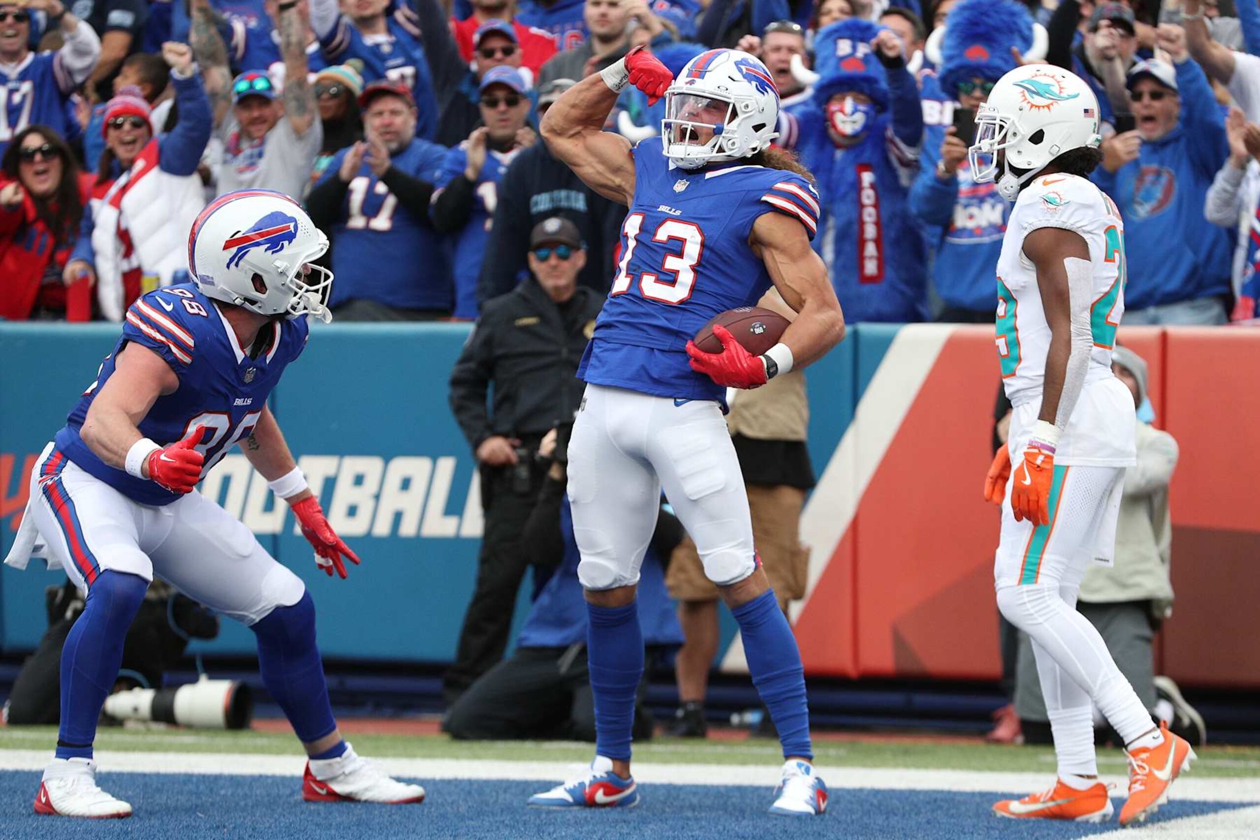 ORCHARD PARK, NEW YORK - NOVEMBER 03: Mack Hollins #13 of the Buffalo Bills celebrates after scoring a receiving touchdown against the Miami Dolphins during the third quarter of the game at Highmark Stadium on November 03, 2024 in Orchard Park, New York. (Photo by Bryan M. Bennett/Getty Images)