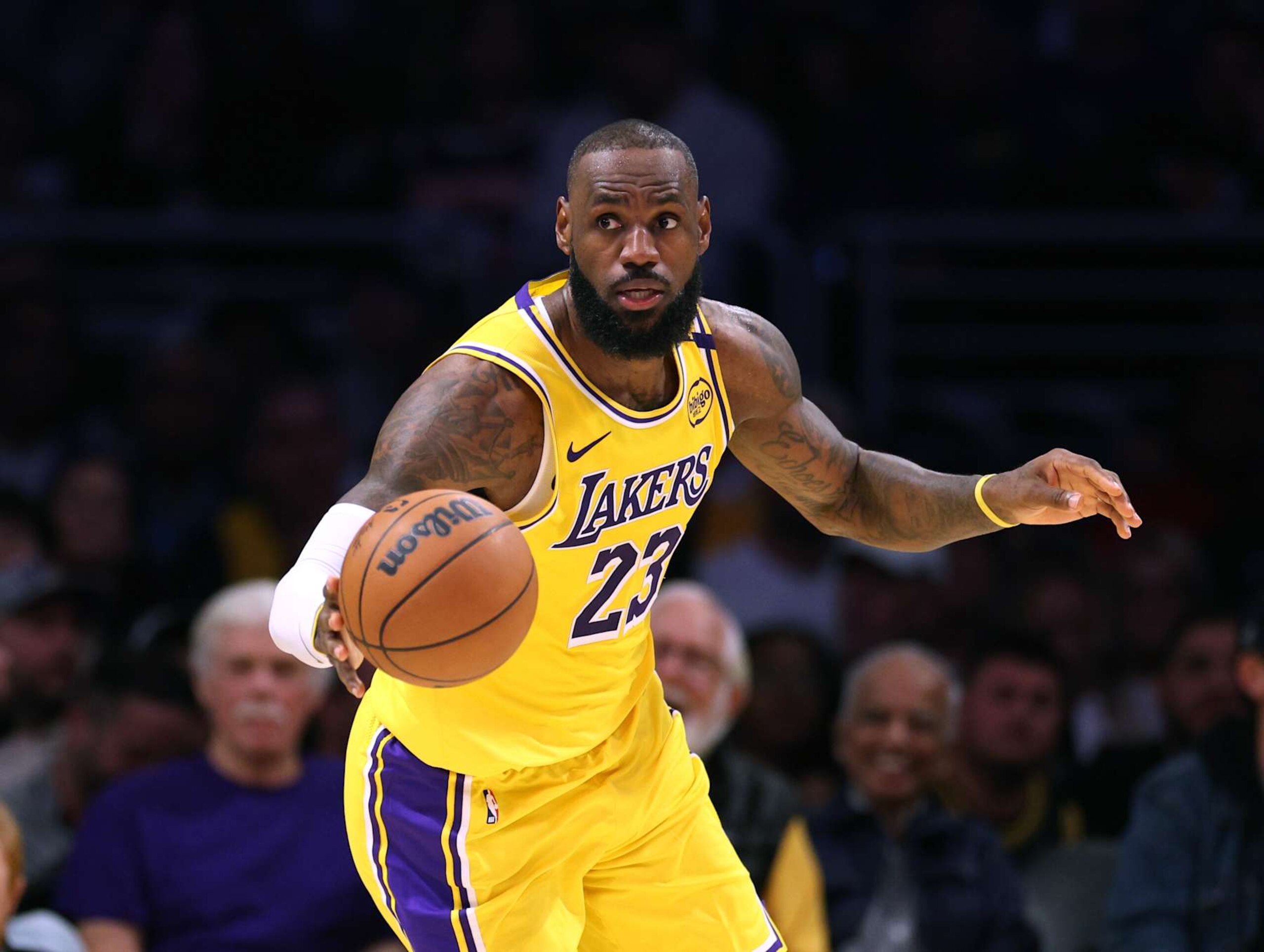LOS ANGELES, CALIFORNIA - NOVEMBER 08: LeBron James #23 of the Los Angeles Lakers starts a break during a 116-106 Lakers win over the Philadelphia 76ers at Crypto.com Arena on November 08, 2024 in Los Angeles, California. (Photo by Harry How/Getty Images) NOTE TO USER: User expressly acknowledges and agrees that, by downloading and/or using this Photograph, user is consenting to the terms and conditions of the Getty Images License Agreement. (Photo by Harry How/Getty Images)
