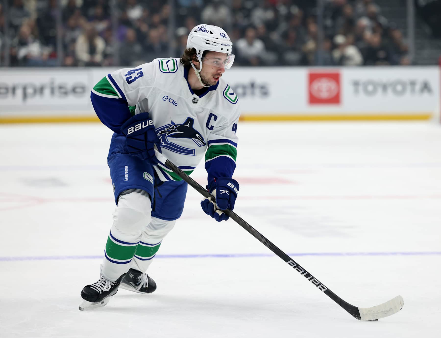 LOS ANGELES, CALIFORNIA - NOVEMBER 07: Quinn Hughes #43 of the Vancouver Canucks skates in with the puck during a 4-2 Canucks win over the Los Angeles Kings at Crypto.com Arena on November 07, 2024 in Los Angeles, California. (Photo by Harry How/Getty Images) LOS ANGELES, CALIFORNIA - NOVEMBER 07: Quinn Hughes #43 of the Vancouver Canucks skates in with the puck during a 4-2 Canucks win over the Los Angeles Kings at Crypto.com Arena on November 07, 2024 in Los Angeles, California. (Photo by Harry How/Getty Images)