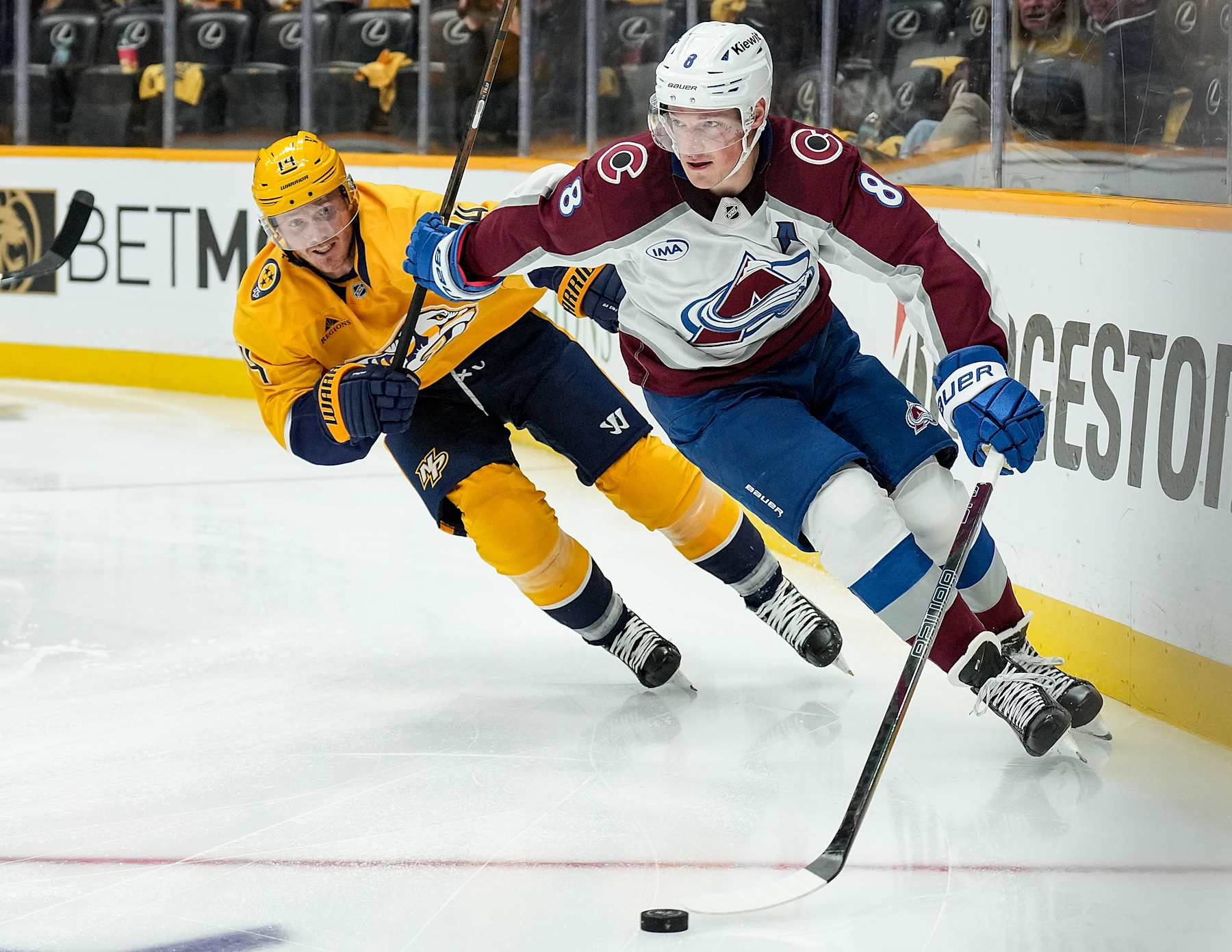 NASHVILLE, TENNESSEE - NOVEMBER 2: Cale Makar #8 of the Colorado Avalanche skates against skates against Gustav Nyquist #14 of the Nashville Predators during an NHL game at Bridgestone Arena on November 2, 2024 in Nashville, Tennessee. (Photo by John Russell/NHLI via Getty Images) NASHVILLE, TENNESSEE - NOVEMBER 2: Cale Makar #8 of the Colorado Avalanche skates against skates against Gustav Nyquist #14 of the Nashville Predators during an NHL game at Bridgestone Arena on November 2, 2024 in Nashville, Tennessee. (Photo by John Russell/NHLI via Getty Images)