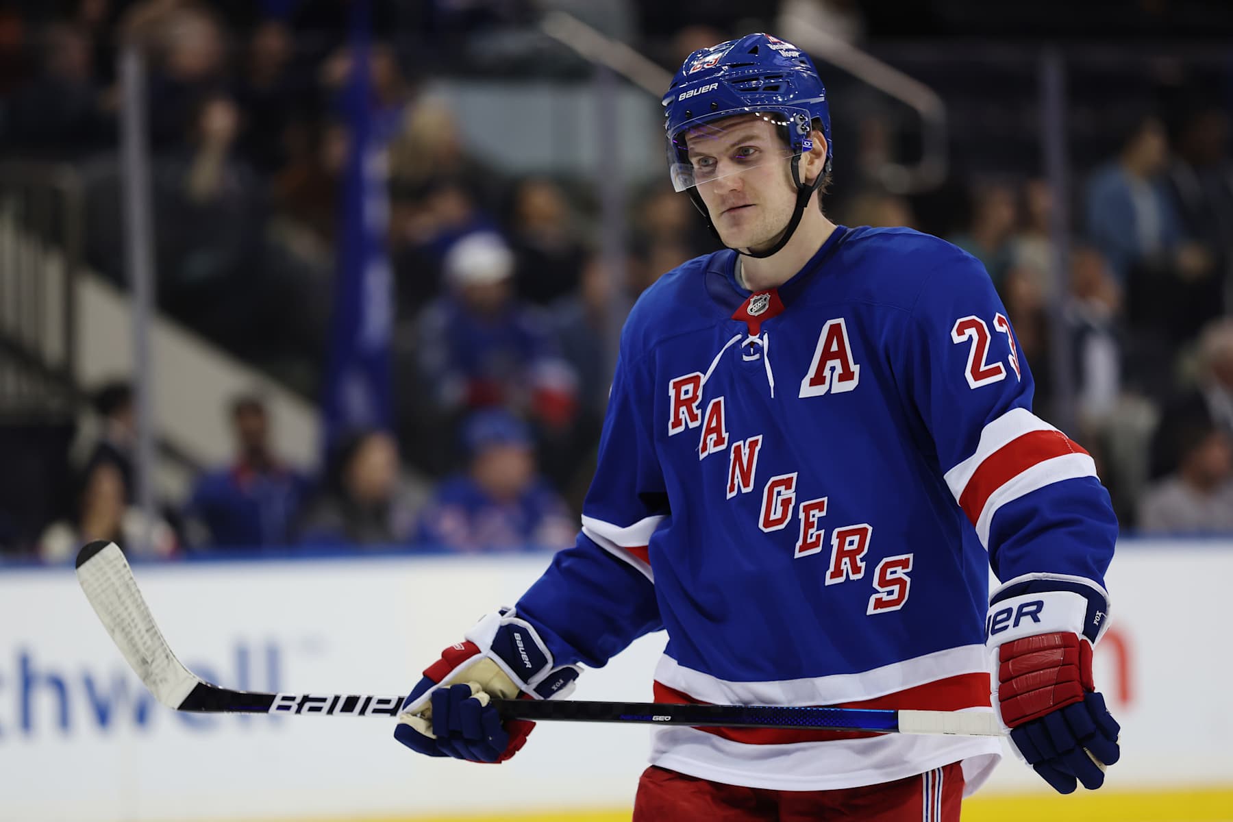 NEW YORK, NEW YORK - OCTOBER 26: Adam Fox #23 of the New York Rangers looks on during the third period against the Anaheim Ducks at Madison Square Garden on October 26, 2024 in New York City. The Rangers won 2-1. (Photo by Sarah Stier/Getty Images) NEW YORK, NEW YORK - OCTOBER 26: Adam Fox #23 of the New York Rangers looks on during the third period against the Anaheim Ducks at Madison Square Garden on October 26, 2024 in New York City. The Rangers won 2-1. (Photo by Sarah Stier/Getty Images)