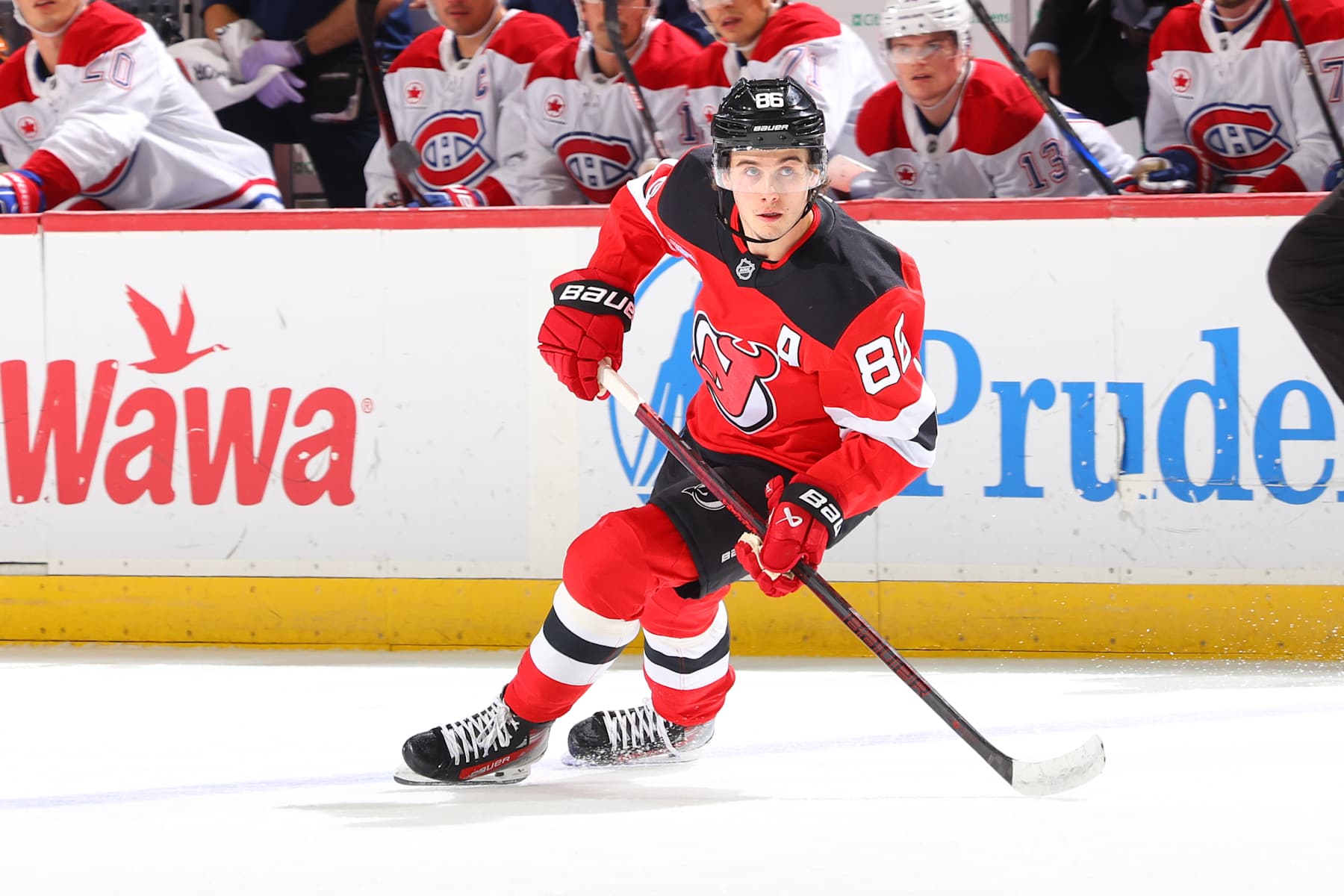 NEWARK, NJ - NOVEMBER 07: Jack Hughes #86 of the New Jersey Devils skates in the first period of the game against the Montreal Canadiens at the Prudential Center on November 7, 2024 in Newark, New Jersey. (Photo by Rich Graessle/NHLI via Getty Images) NEWARK, NJ - NOVEMBER 07: Jack Hughes #86 of the New Jersey Devils skates in the first period of the game against the Montreal Canadiens at the Prudential Center on November 7, 2024 in Newark, New Jersey. (Photo by Rich Graessle/NHLI via Getty Images)