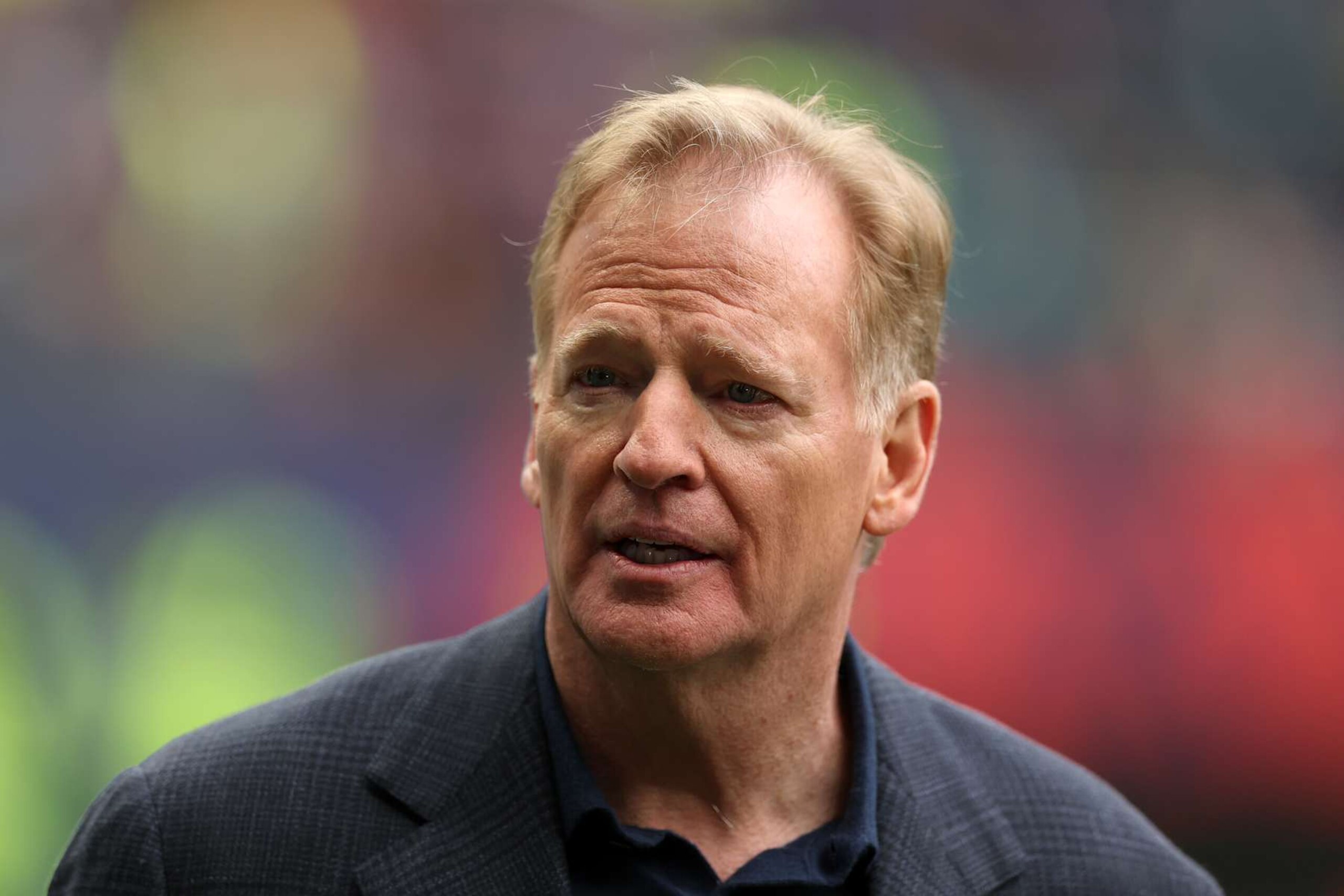 LONDON, ENGLAND - OCTOBER 13: Roger Goodell, Commissioner of the NFL looks on prior to the NFL match between Jacksonville Jaguars and Chicago Bears at Tottenham Hotspur Stadium on October 13, 2024 in London, England. (Photo by Richard Heathcote/Getty Images)