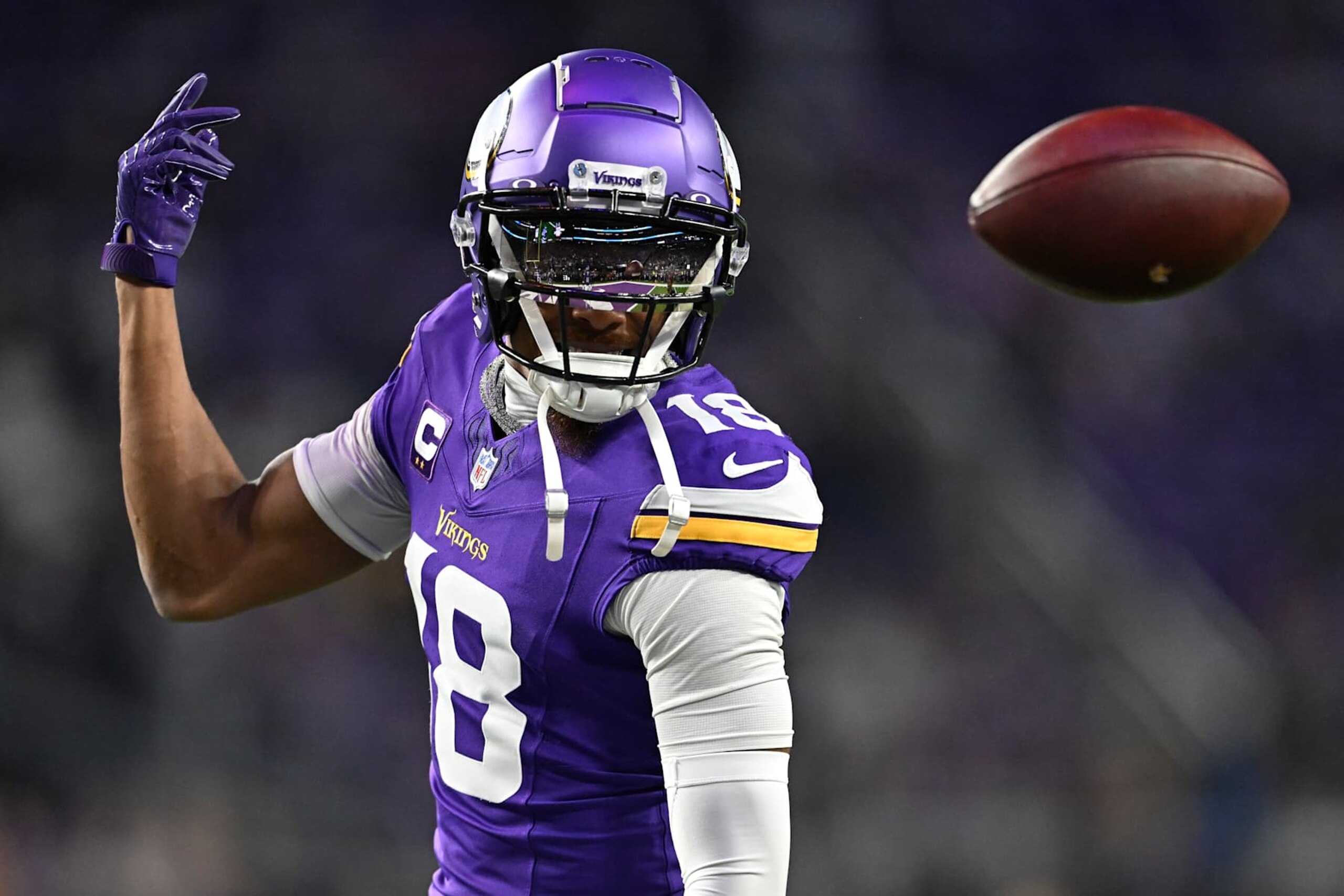 MINNEAPOLIS, MINNESOTA - NOVEMBER 03: Justin Jefferson #18 of the Minnesota Vikings warms up prior to the game against the Indianapolis Colts at U.S. Bank Stadium on November 03, 2024 in Minneapolis, Minnesota. (Photo by Stephen Maturen/Getty Images)