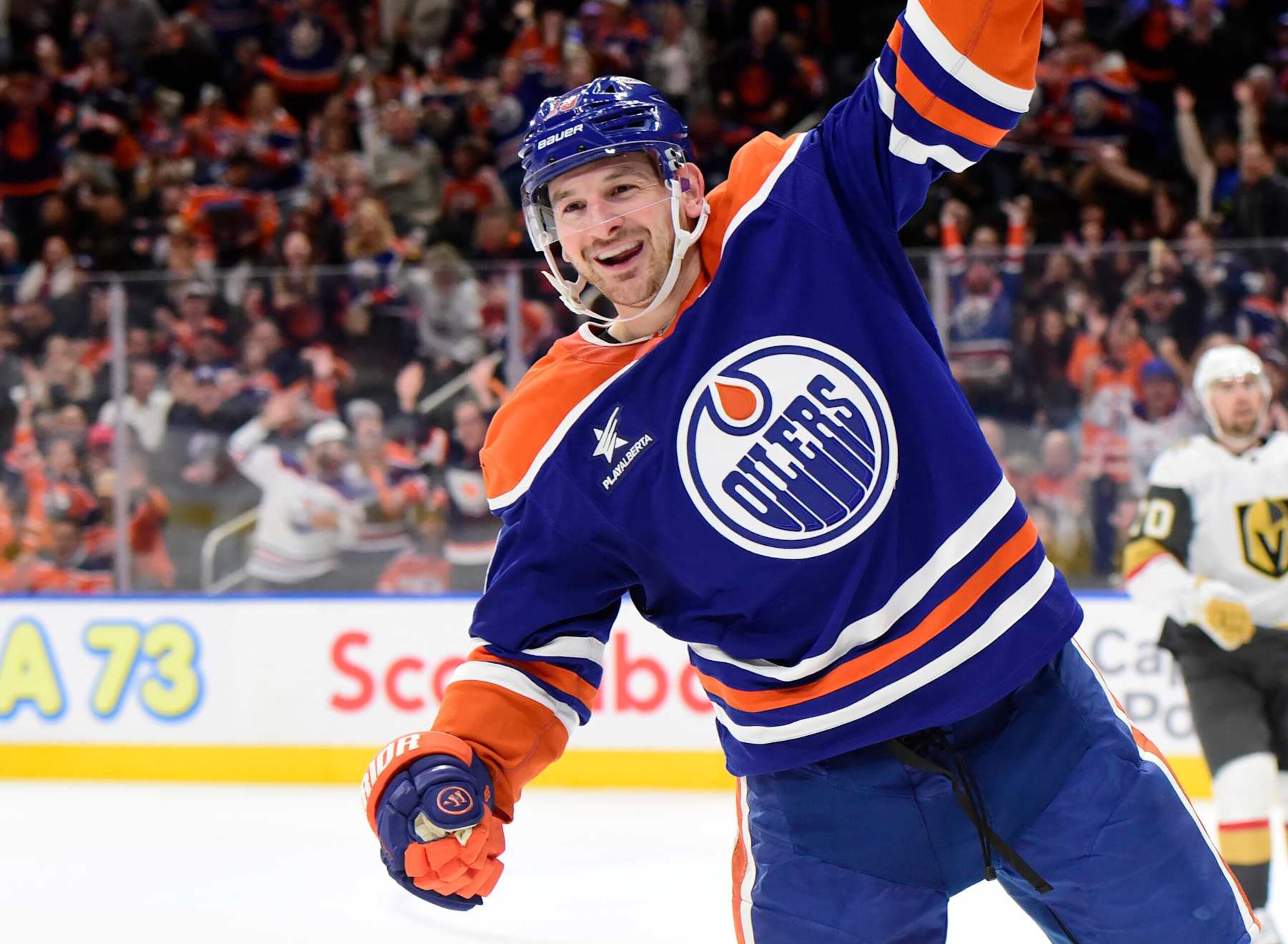 EDMONTON, CANADA  NOVEMBER 6: Zach Hyman #18 of the Edmonton Oilers celebrates his second-period goal against the Vegas Golden Knights at Rogers Place on November 6, 2024, in Edmonton, Alberta, Canada. (Photo by Leila Devlin/Getty Images)
