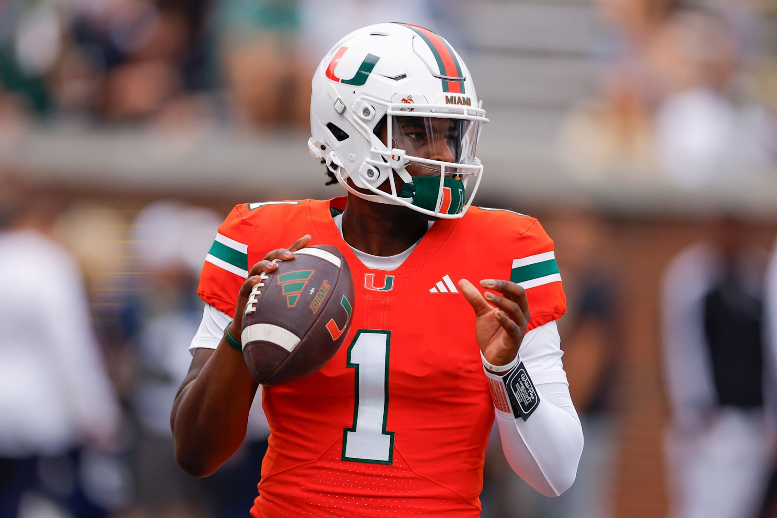 ATLANTA, GEORGIA - NOVEMBER 9: Cam Ward #1 of the Miami Hurricanes warms up prior to the game against the Georgia Tech Yellow Jackets at Bobby Dodd Stadium on November 9, 2024 in Atlanta, Georgia. (Photo by Todd Kirkland/Getty Images) ATLANTA, GEORGIA - NOVEMBER 9: Cam Ward #1 of the Miami Hurricanes warms up prior to the game against the Georgia Tech Yellow Jackets at Bobby Dodd Stadium on November 9, 2024 in Atlanta, Georgia. (Photo by Todd Kirkland/Getty Images)