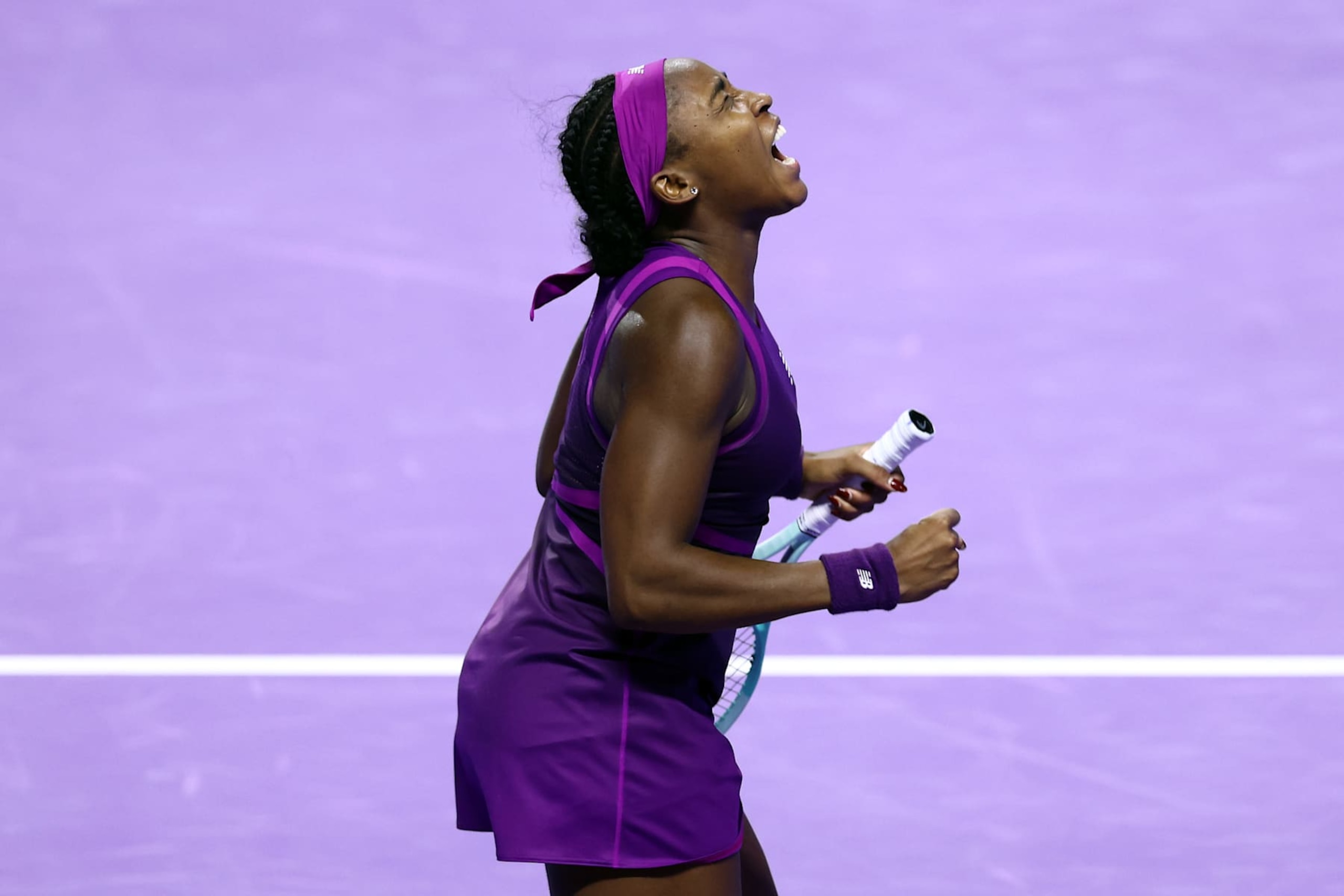 RIYADH, SAUDI ARABIA - NOVEMBER 09: Coco Gauff of the United States celebrates her win against Qinwen Zheng of China in their Women's Singles Final match during the 2024 WTA Finals Riyadh as part of the Hologic WTA Tour at King Saud University Indoor Arena on November 09, 2024 in Riyadh, Saudi Arabia. (Photo by Katelyn Mulcahy/Getty Images for WTA)