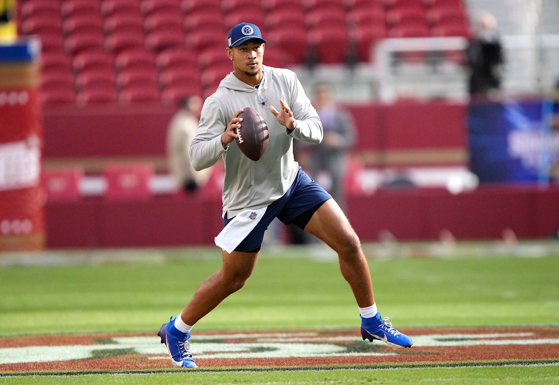 SANTA CLARA, CALIFORNIA - OCTOBER 27: Trey Lance #19 of the Dallas Cowboys warms up prior to a game against the San Francisco 49ers at Levi's Stadium on October 27, 2024 in Santa Clara, California. (Photo by Thearon W. Henderson/Getty Images)