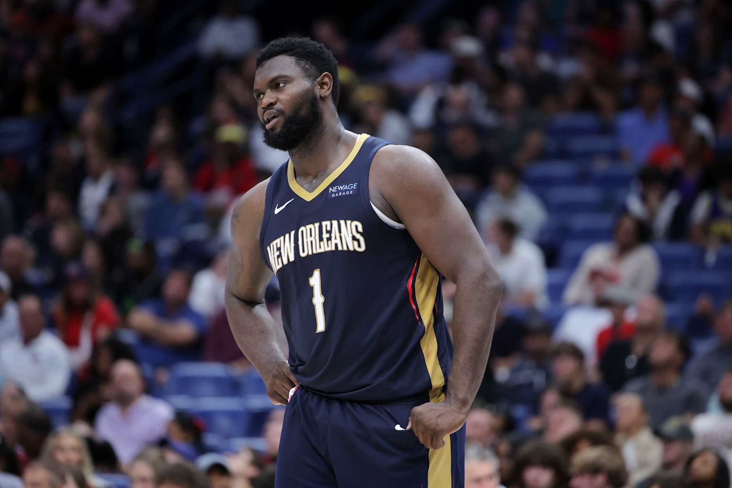 NEW ORLEANS, LOUISIANA - NOVEMBER 06: Zion Williamson #1 of the New Orleans Pelicans reacts against the Cleveland Cavaliers during the second half at the Smoothie King Center on November 06, 2024 in New Orleans, Louisiana. NOTE TO USER: User expressly acknowledges and agrees that, by downloading and or using this Photograph, user is consenting to the terms and conditions of the Getty Images License Agreement. (Photo by Jonathan Bachman/Getty Images)