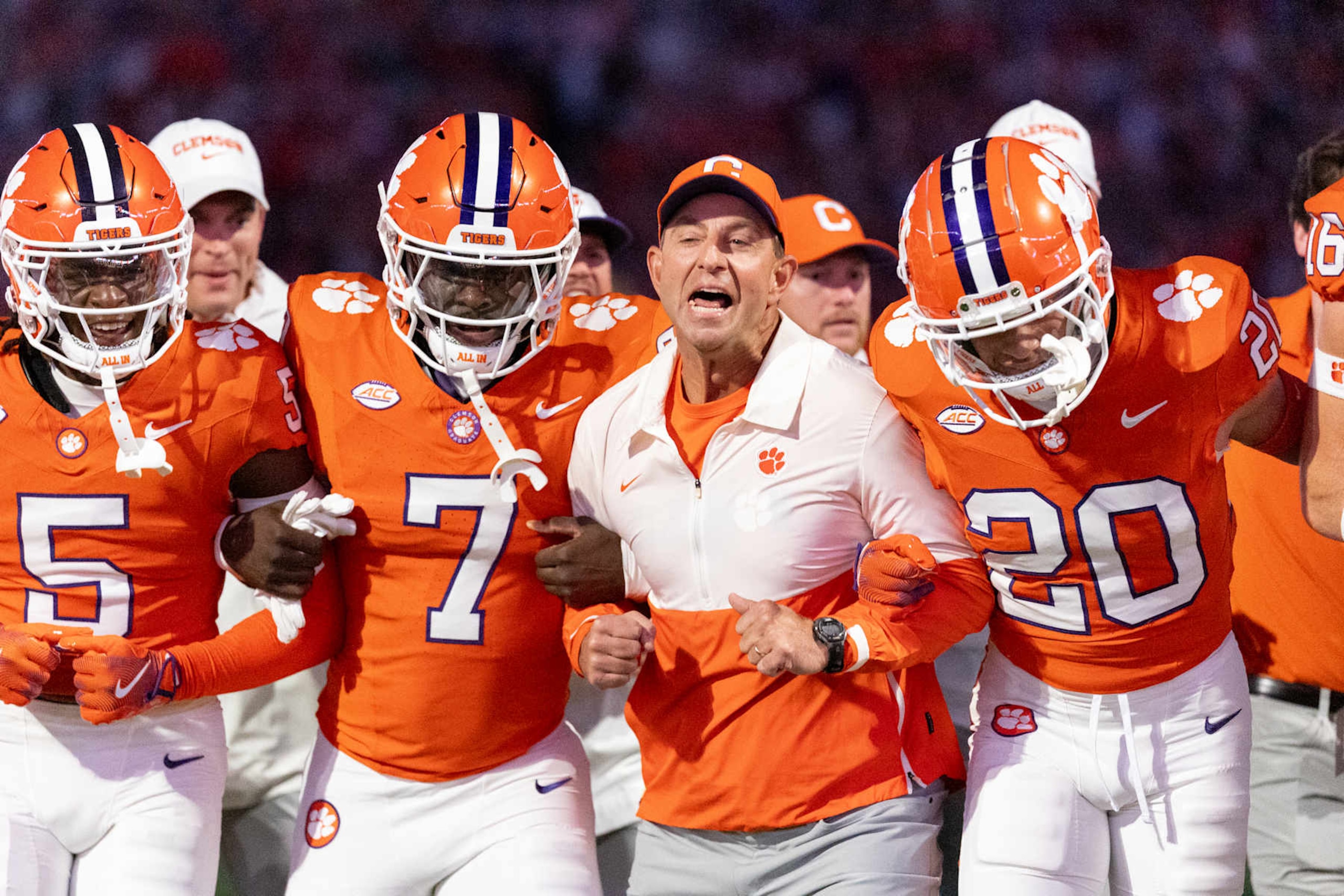 CLEMSON, SOUTH CAROLINA - NOVEMBER 2: Head coach Dabo Swinney of the Clemson Tigers takes part in the Walk of Champions before the game against the Louisville Cardinals at Memorial Stadium on November 2, 2024 in Clemson, South Carolina.  (Photo by Isaiah Vazquez/Getty Images)