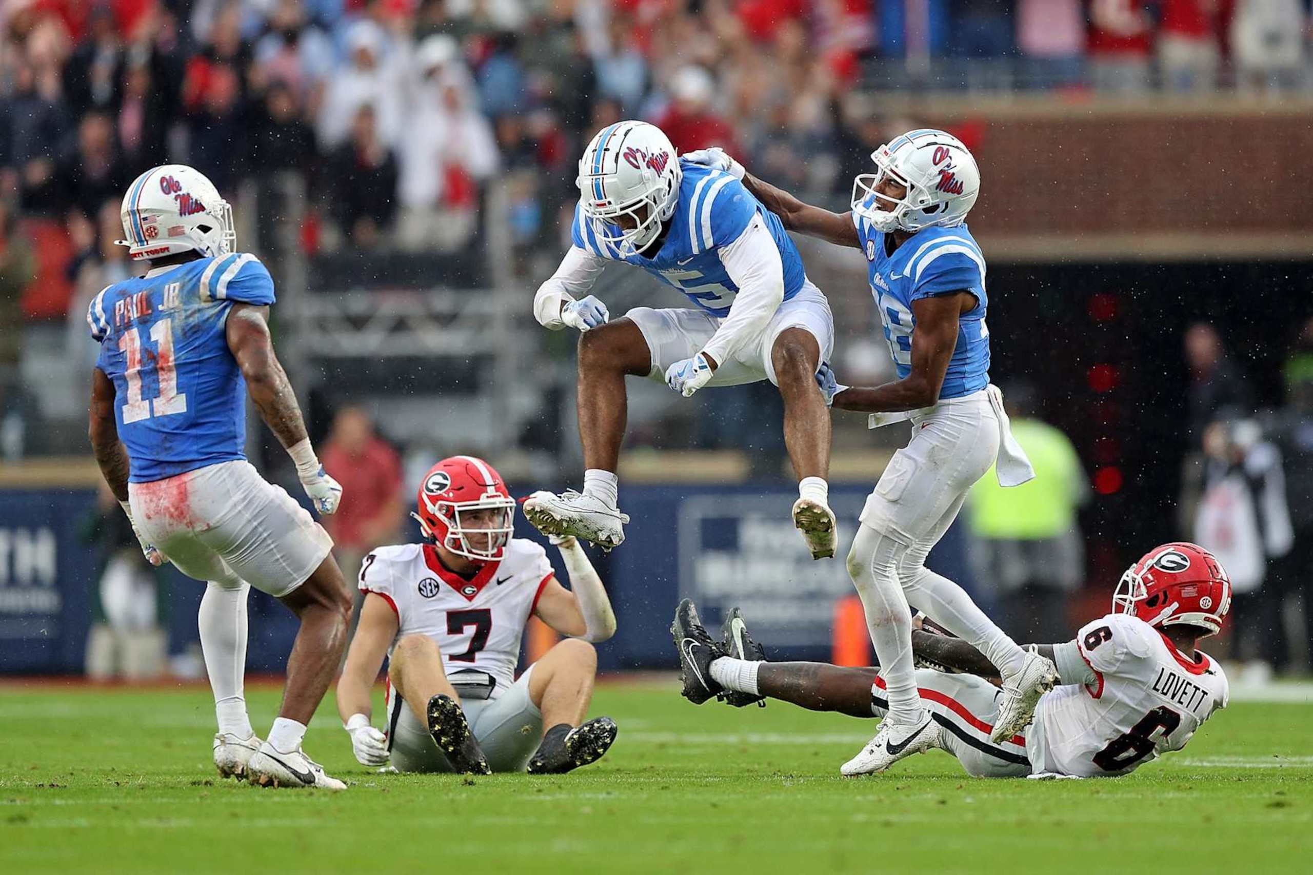OXFORD, MISSISSIPPI - NOVEMBER 09: John Saunders Jr. #5 of the Mississippi Rebels reacts during the first half against the Georgia Bulldogs at Vaught-Hemingway Stadium on November 09, 2024 in Oxford, Mississippi. (Photo by Justin Ford/Getty Images)