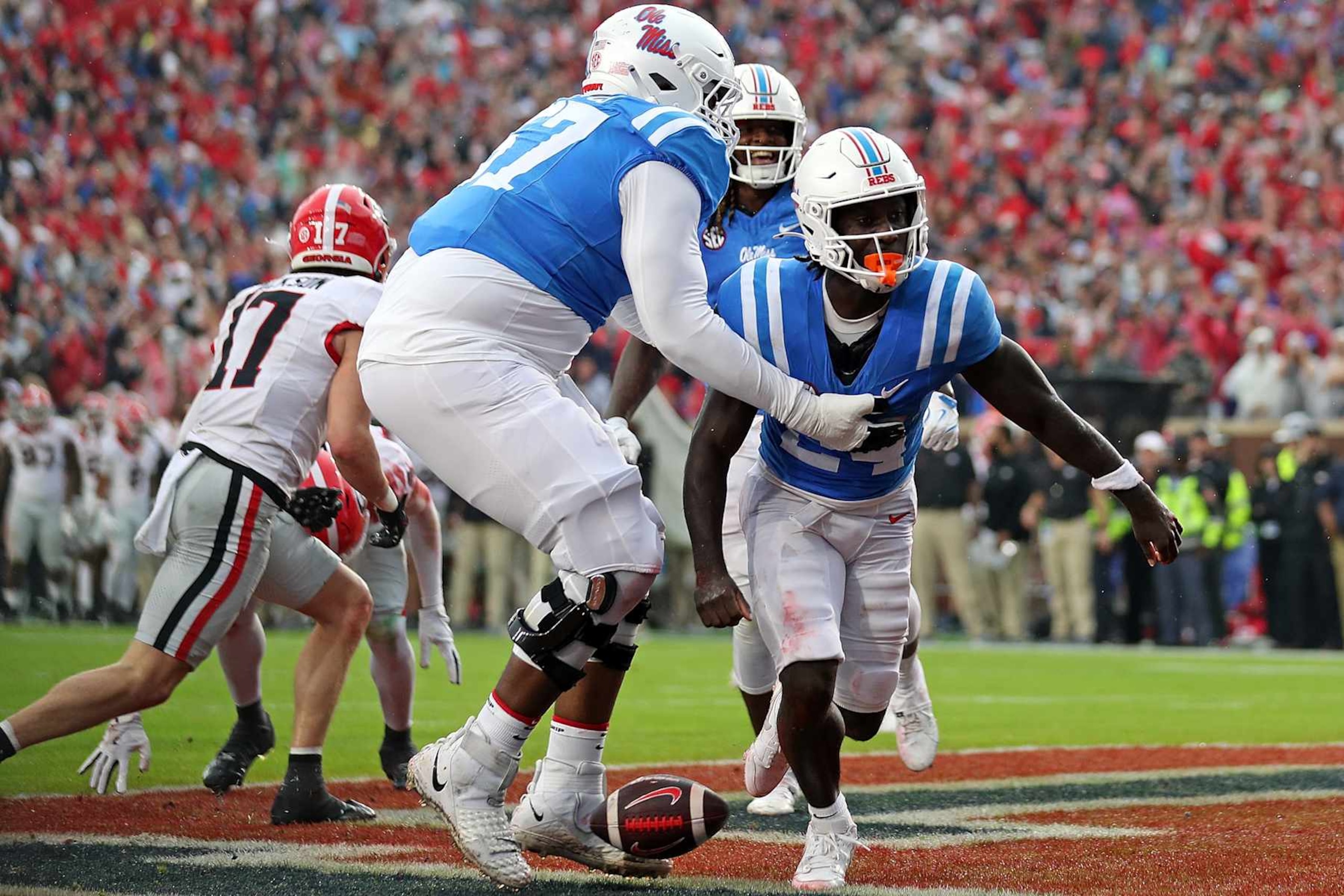 OXFORD, MISSISSIPPI - NOVEMBER 09: Ulysses Bentley IV #24 of the Mississippi Rebels celebrates after scoring a touchdown during the first half against the Georgia Bulldogs at Vaught-Hemingway Stadium on November 09, 2024 in Oxford, Mississippi. (Photo by Justin Ford/Getty Images)