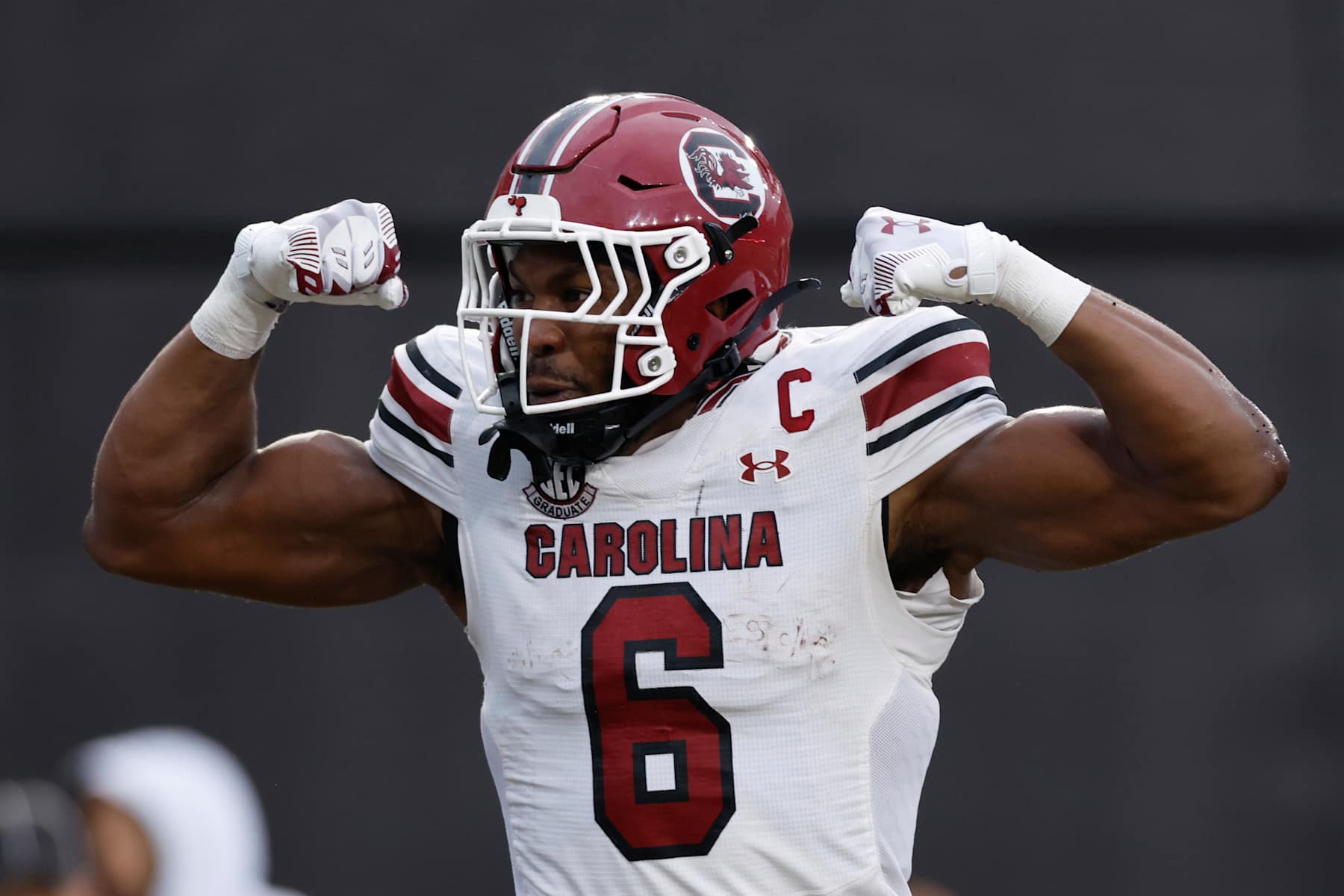 NASHVILLE, TENNESSEE - NOVEMBER 09: Joshua Simon #6 of the South Carolina Gamecocks celebrates after a touchdown catch during the first half of the game between Vanderbilt and South Carolina at FirstBank Stadium on November 09, 2024 in Nashville, Tennessee. (Photo by Johnnie Izquierdo/Getty Images)