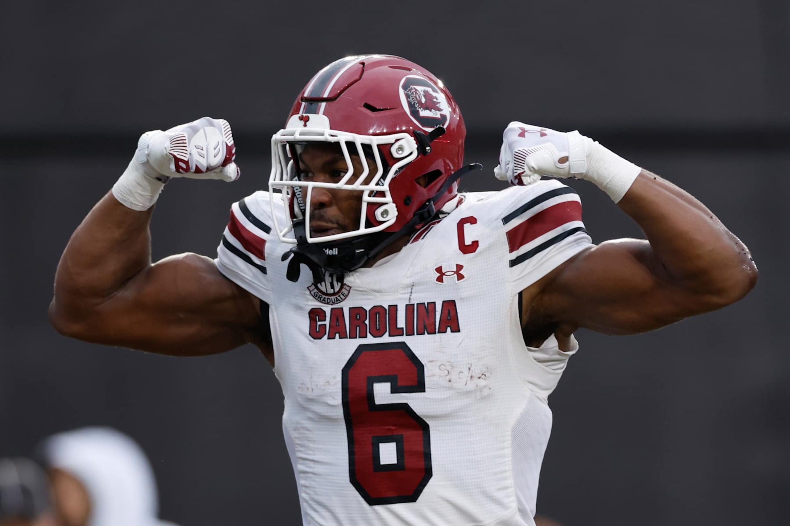 NASHVILLE, TENNESSEE - NOVEMBER 09: Joshua Simon #6 of the South Carolina Gamecocks celebrates after a touchdown catch during the first half of the game between Vanderbilt and South Carolina at FirstBank Stadium on November 09, 2024 in Nashville, Tennessee. (Photo by Johnnie Izquierdo/Getty Images)