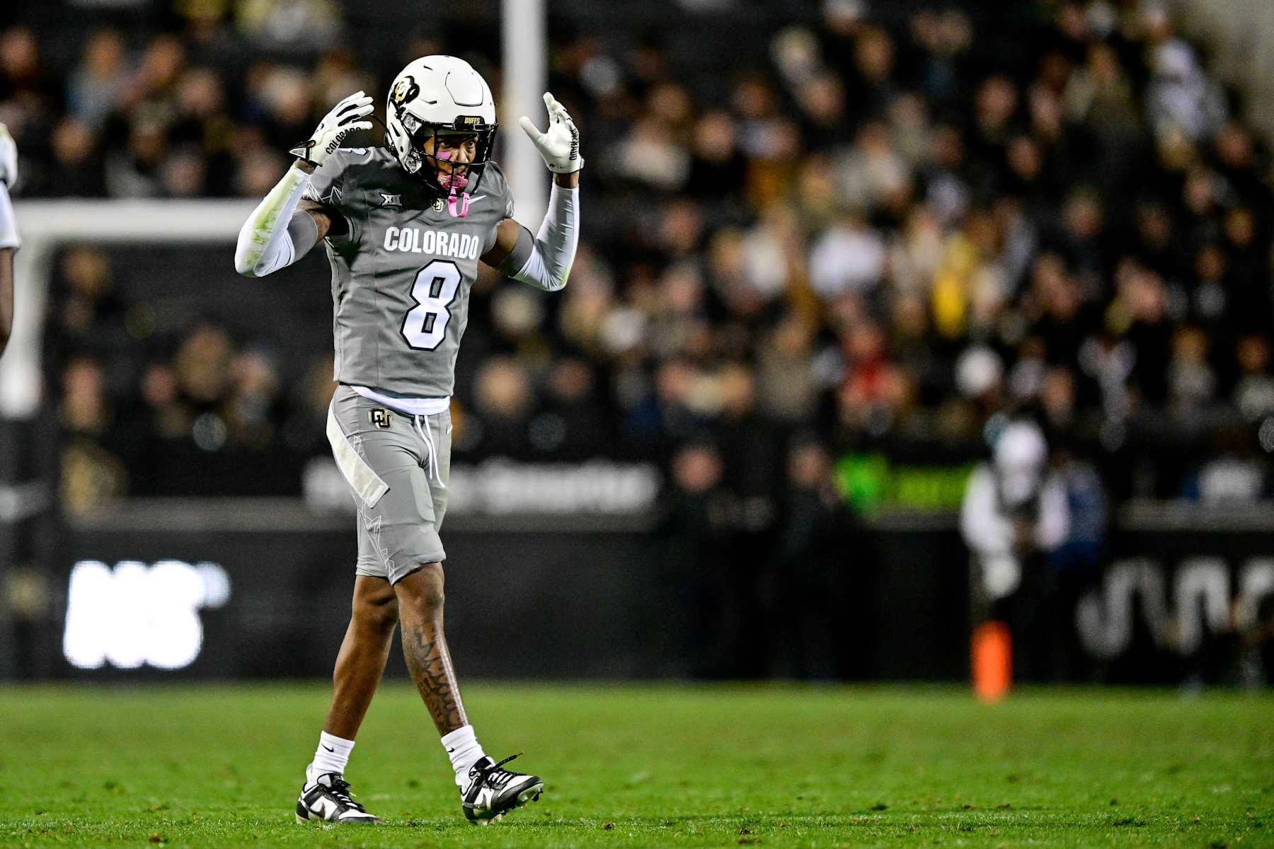 BOULDER, CO - OCTOBER 26:  DJ McKinney #8 of the Colorado Buffaloes looks on in the second half against the Cincinnati Bearcats at Folsom Field on October 26, 2024 in Boulder, Colorado. (Photo by Dustin Bradford/Getty Images)