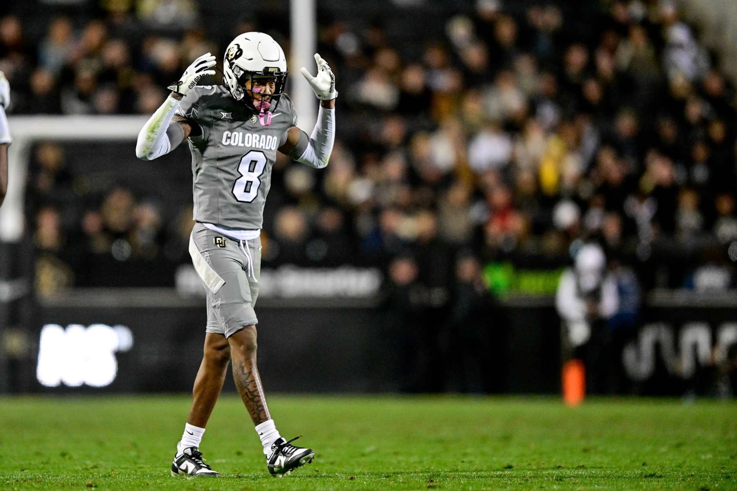 BOULDER, CO - OCTOBER 26: DJ McKinney #8 of the Colorado Buffaloes looks on in the second half against the Cincinnati Bearcats at Folsom Field on October 26, 2024 in Boulder, Colorado. (Photo by Dustin Bradford/Getty Images) BOULDER, CO - OCTOBER 26: DJ McKinney #8 of the Colorado Buffaloes looks on in the second half against the Cincinnati Bearcats at Folsom Field on October 26, 2024 in Boulder, Colorado. (Photo by Dustin Bradford/Getty Images)