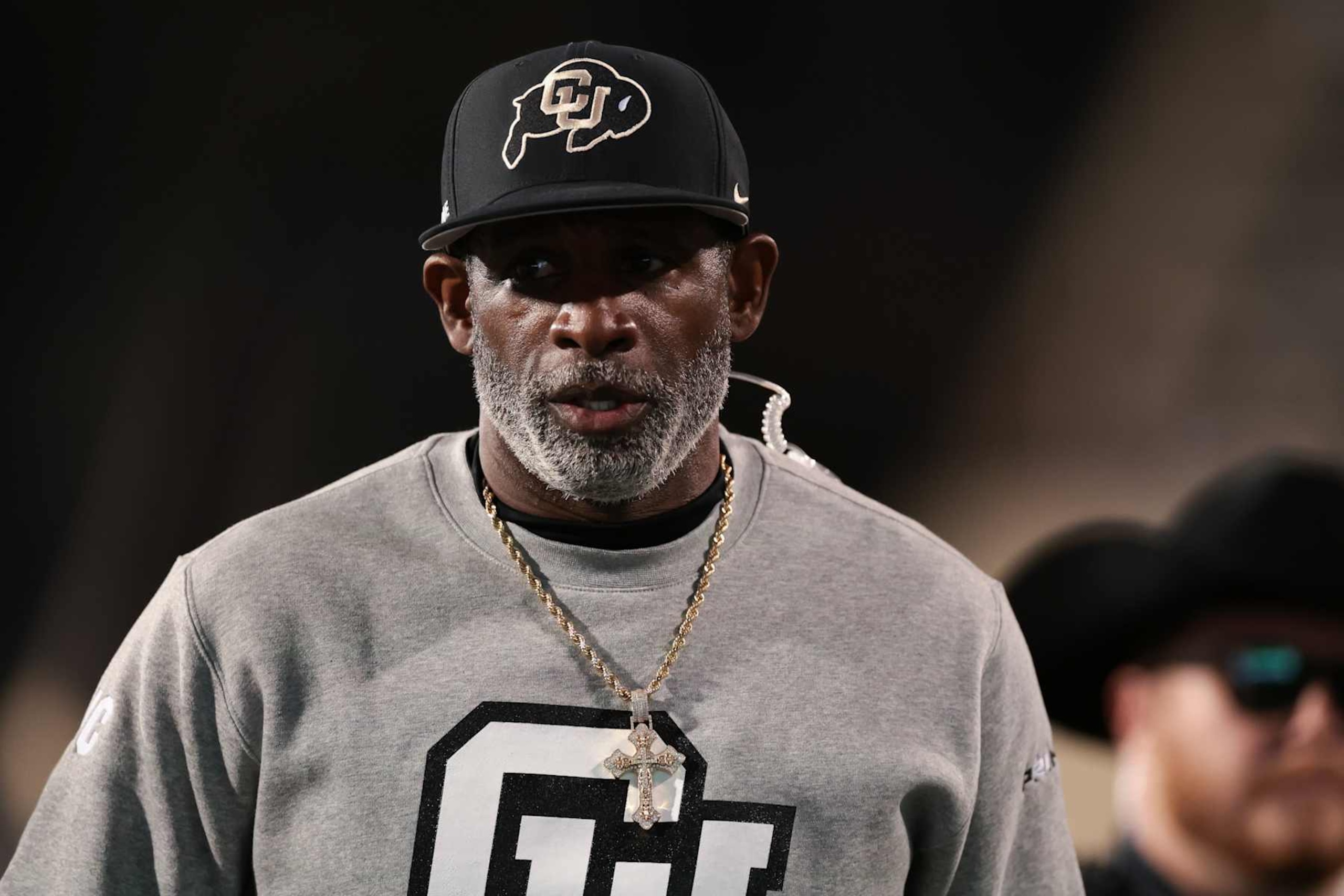 BOULDER, COLORADO - OCTOBER 26: Head coach Deion Sanders of the Colorado Buffaloes walks the field prior to the game against the Cincinnati Bearcats at Folsom Field on October 26, 2024 in Boulder, Colorado. (Photo by Andrew Wevers/Getty Images)