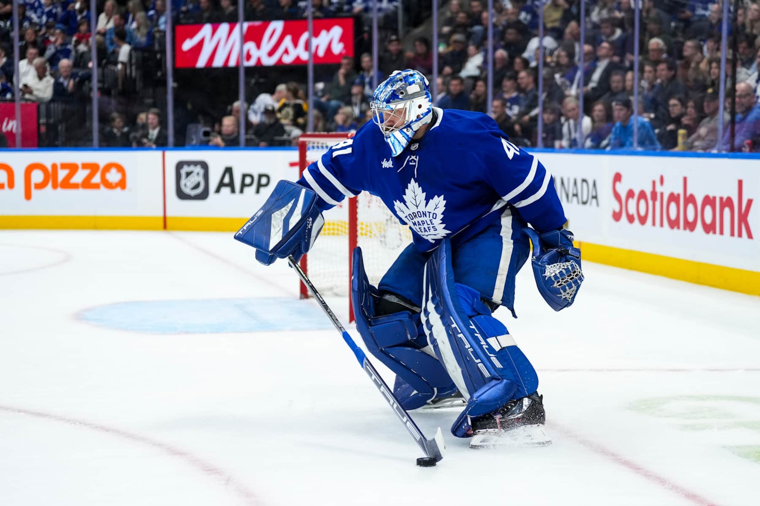 TORONTO, ON - NOVEMBER 5: Anthony Stolarz #41 of the Toronto Maple Leafs plays the puck against the Boston Bruins at the Scotiabank Arena on November 5, 2024 in Toronto, Ontario, Canada. (Photo by Kevin Sousa/NHLI via Getty Images)